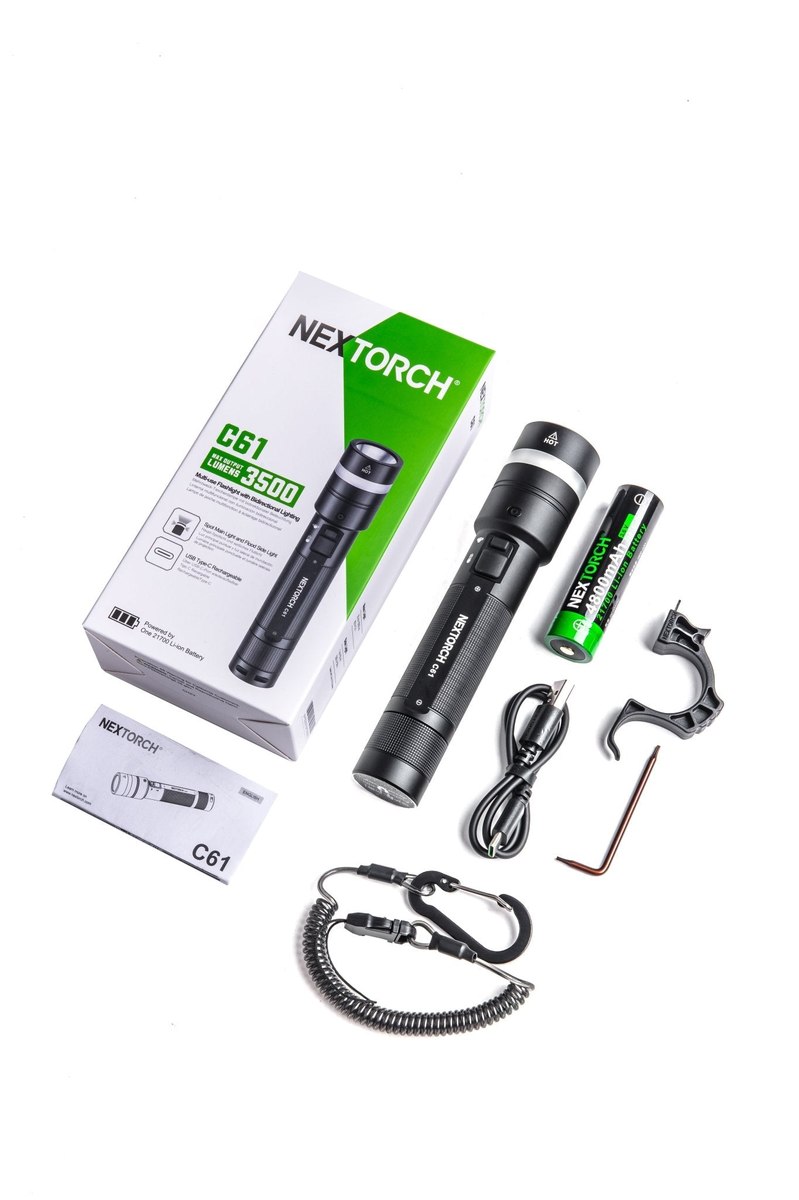 Nextorch C61 — obsah balenia: baterka, článok 21700, USB kábel, remienok, krúžok, kľúč