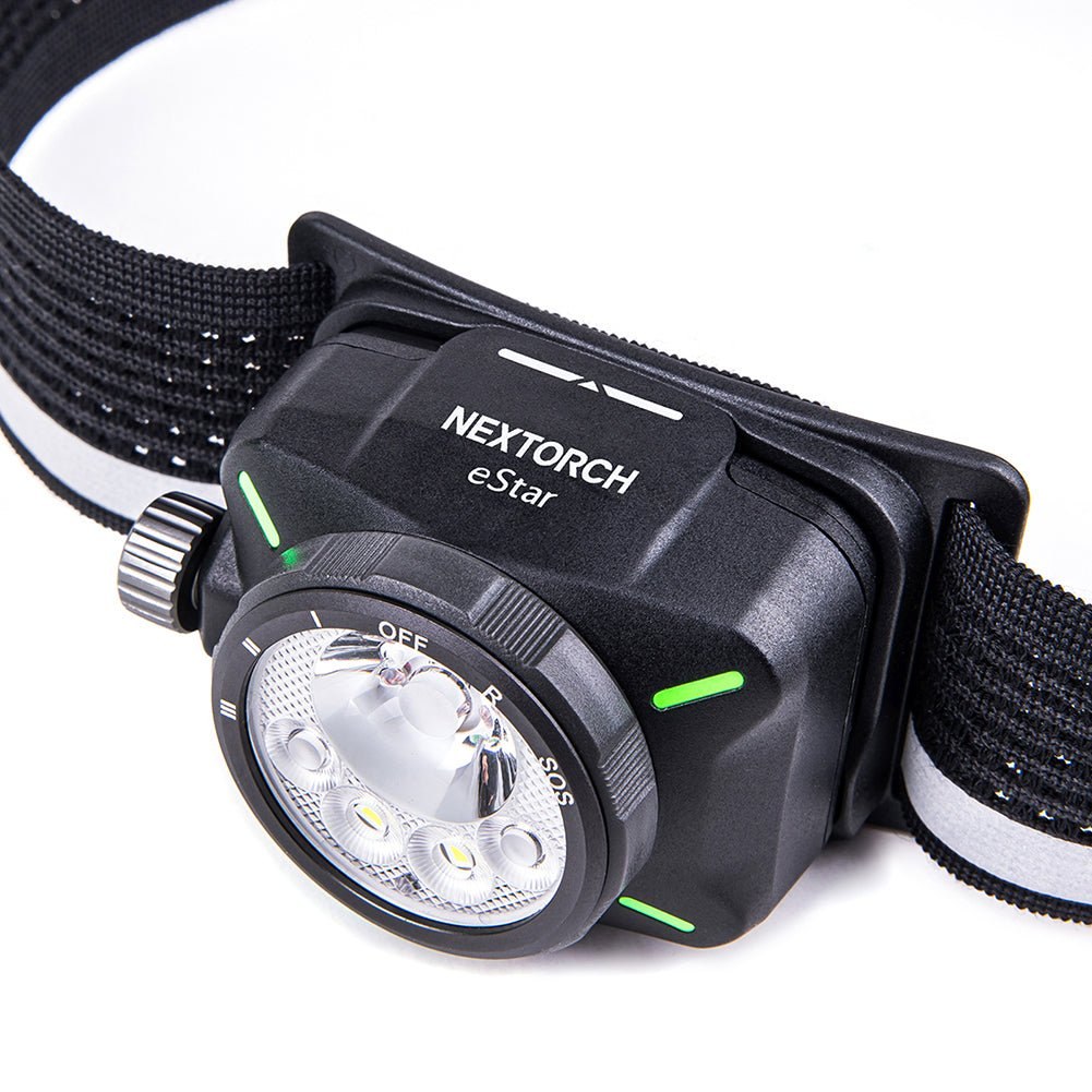 Nextorch eStar — hlava čelovky s bielymi LED a červenou LED pod optikou Claw Optics