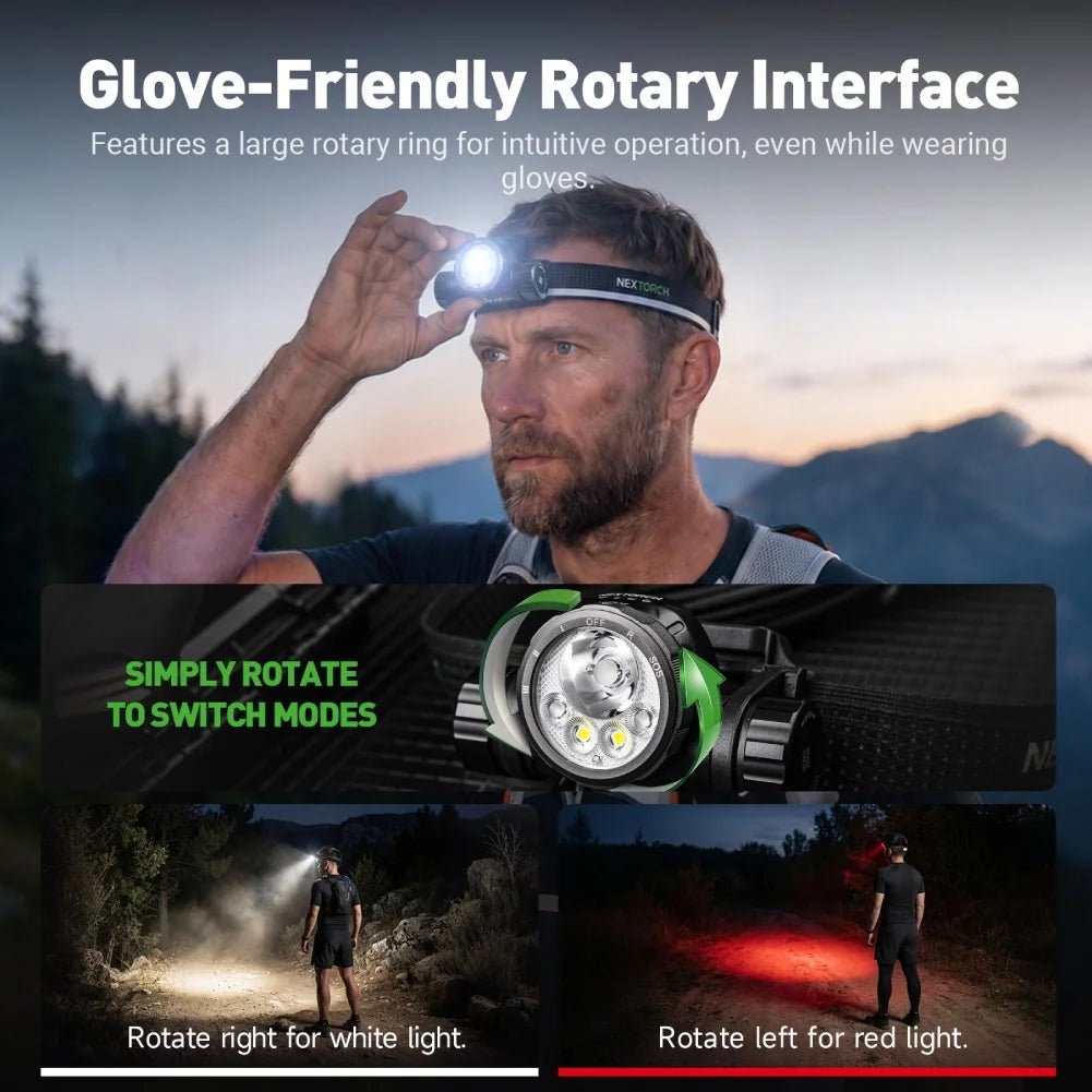 Nextorch hiStar — veľký otočný prstenec ovládateľný aj v rukaviciach, vpravo biele a vľavo červené svetlo