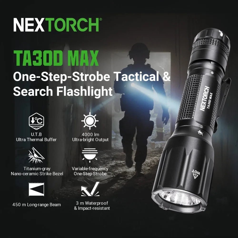 Nextorch TA30D MAX — prehľad funkcií: U.T.B, 4000 lm, dosvit 450 m, One-Step-Strobe