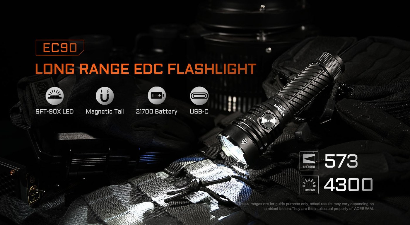 Acebeam EC90 dosahová EDC baterka — SFT-90X LED, magnetický chvost, 21700 batéria, USB-C, 573 m dosvit a 4300 lúmenov
