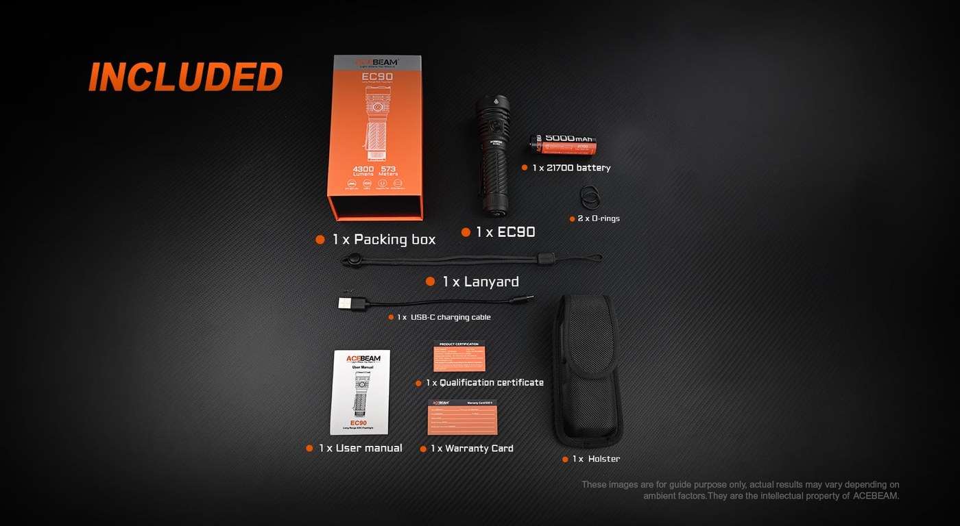 Acebeam EC90 obsah balenia — baterka, 21700 batéria, USB-C kábel, puzdro, pútko, o-krúžky a dokumentácia