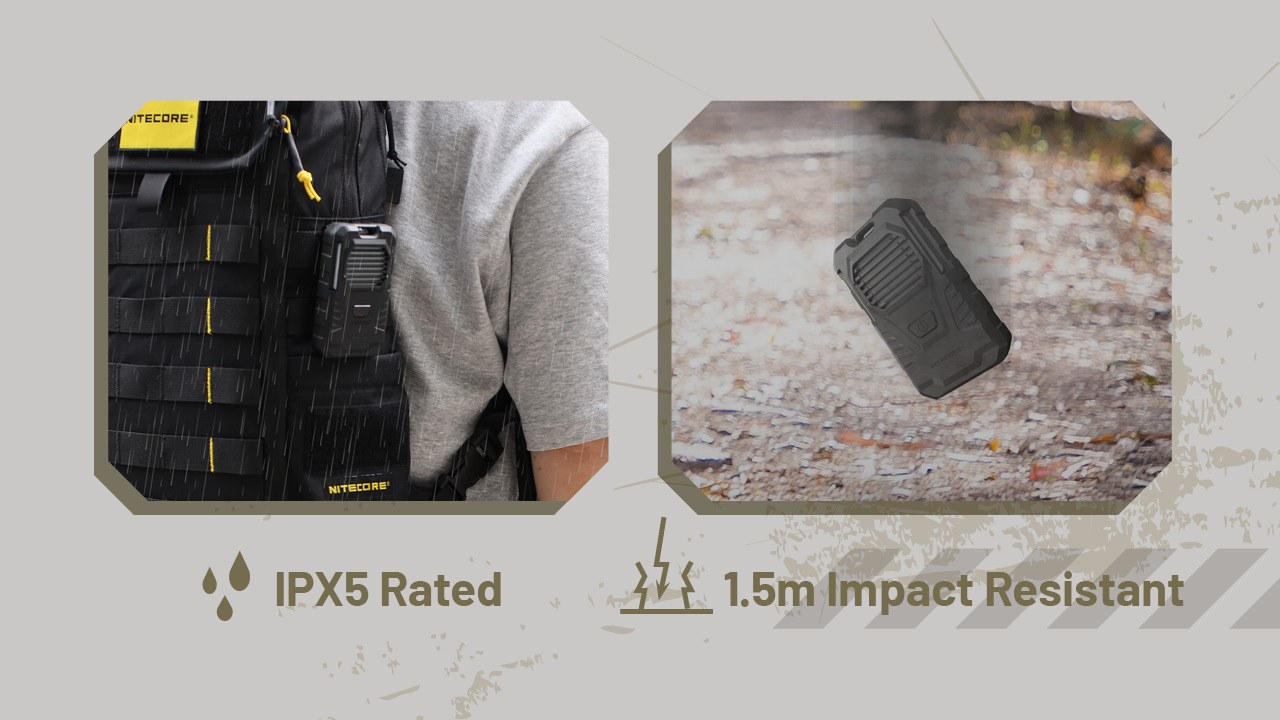 Nitecore EMR06 TAC v daždi na taktickej veste a pri páde na štrk – krytie IPX5 odpudzovača komárov