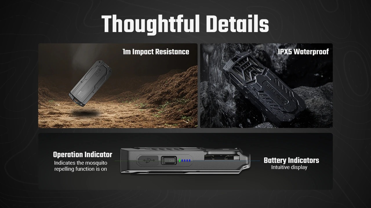 Nitecore EMR16 detaily — krytie IPX5, odolnosť proti pádu z 1 m, zelená a modré kontrolky na boku