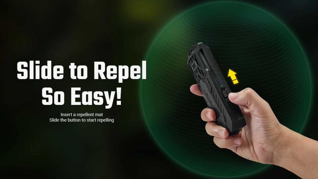 Nitecore EMR16 ovládanie posuvným prepínačom — zapnutie odpudzovania komárov jedným pohybom palca