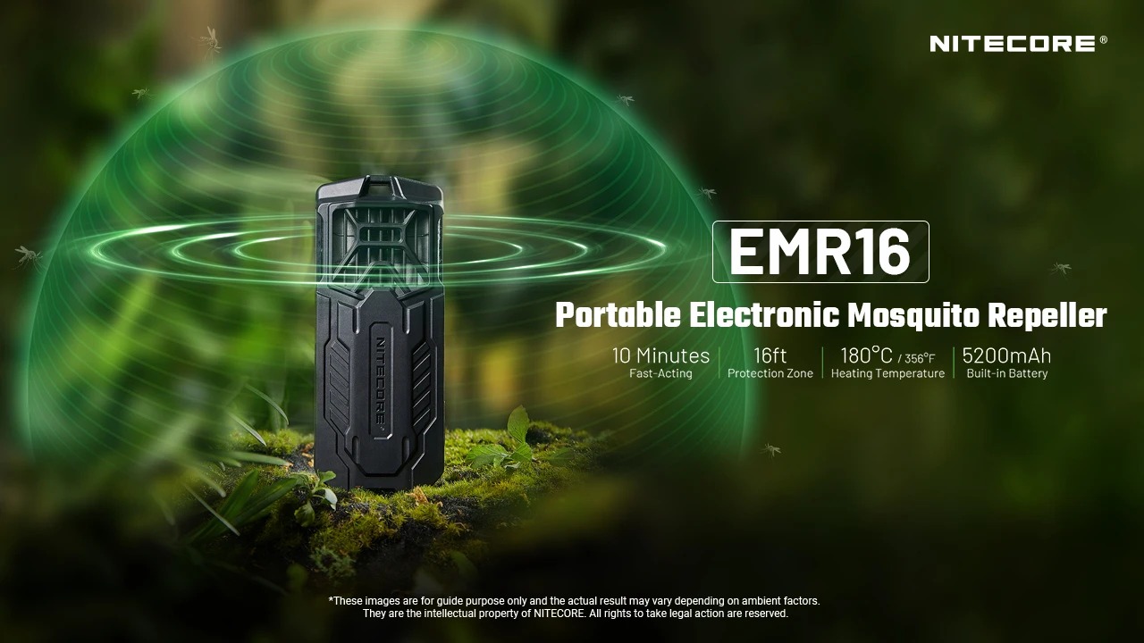 Nitecore EMR16 odpudzovač komárov — prehľad výrobcu: 10 minút, zóna 16 ft, ohrev 180 °C, 5200 mAh