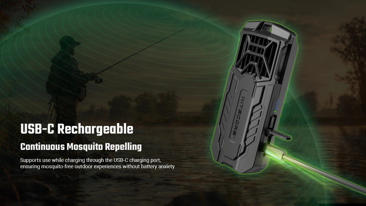Nitecore EMR16 s USB-C nabíjaním pri vode — odpudzovač komárov funguje aj počas nabíjania