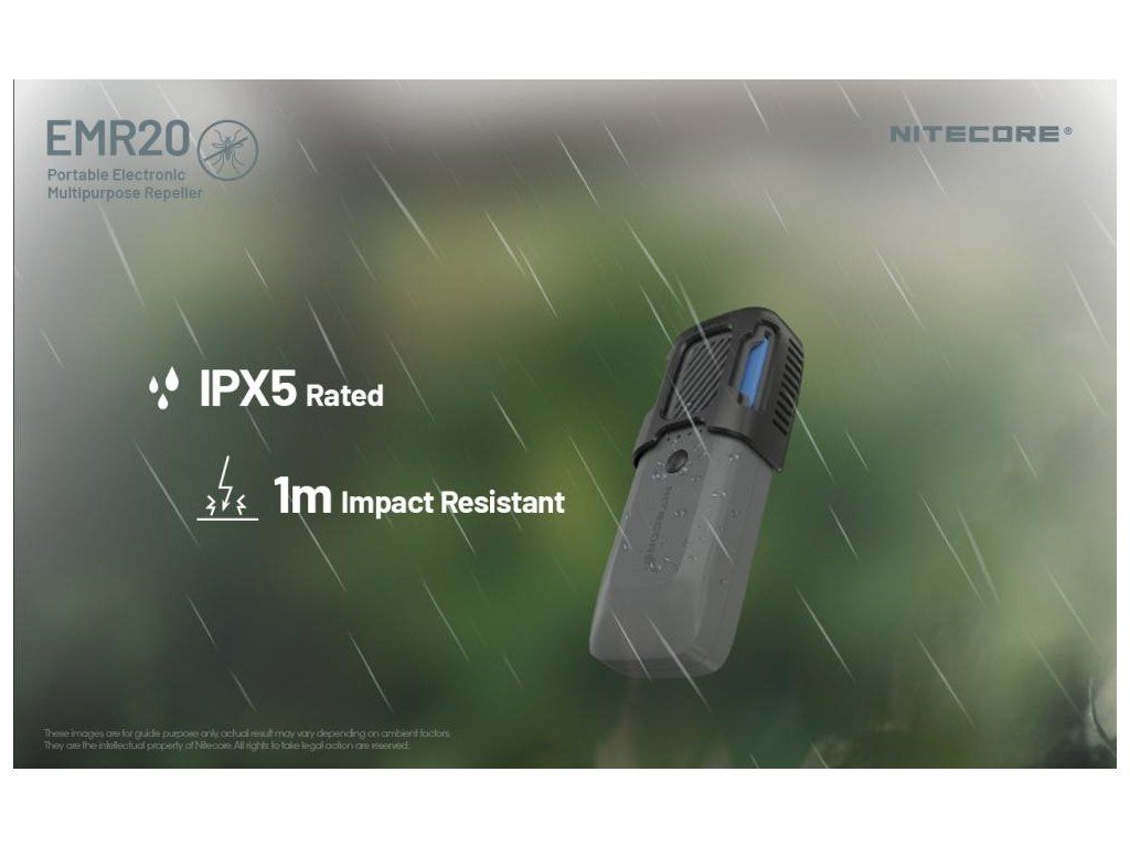 Nitecore EMR20 v daždi — krytie IPX5 a odolnosť proti pádu z 1 metra podľa výrobcu