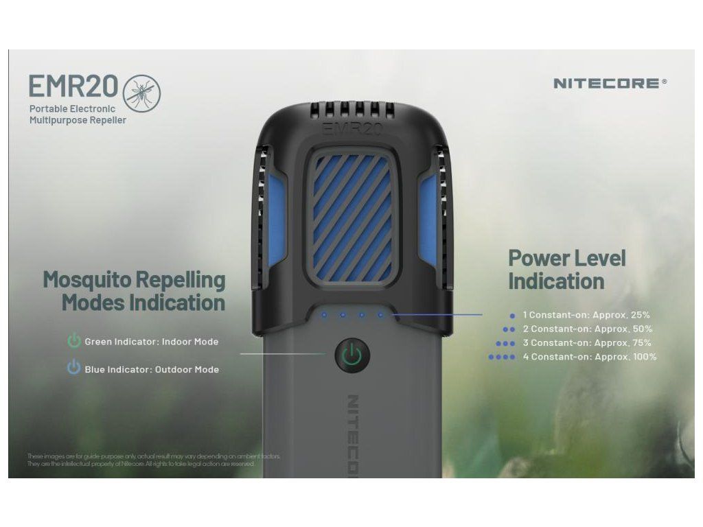 Nitecore EMR20 kontrolky — zelené tlačidlo pre režim vnútri, modré pre vonku a štyri bodky stavu batérie