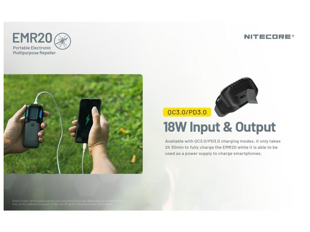 Nitecore EMR20 ako powerbanka — nabíjanie telefónu cez USB-C s podporou QC3.0 a PD3.0, 18 W