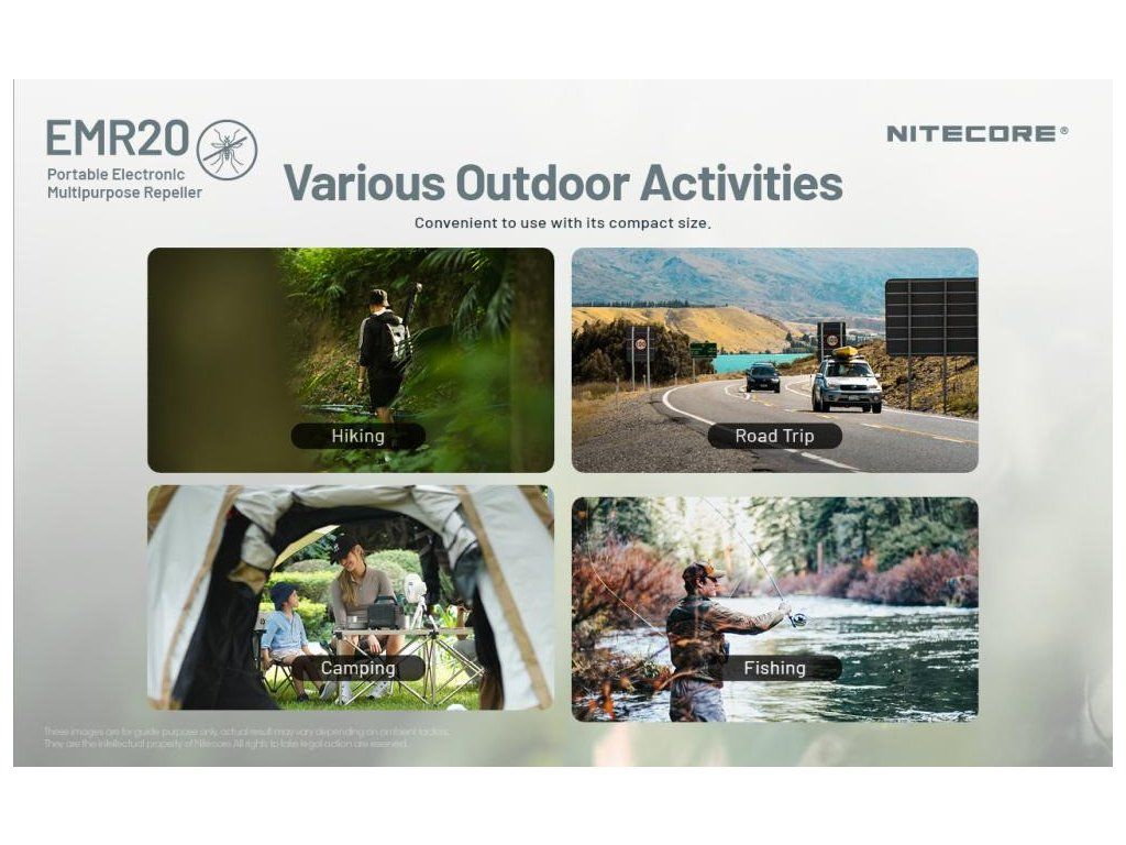 Nitecore EMR20 scény použitia podľa výrobcu — turistika, cesta autom, Camping a rybačka