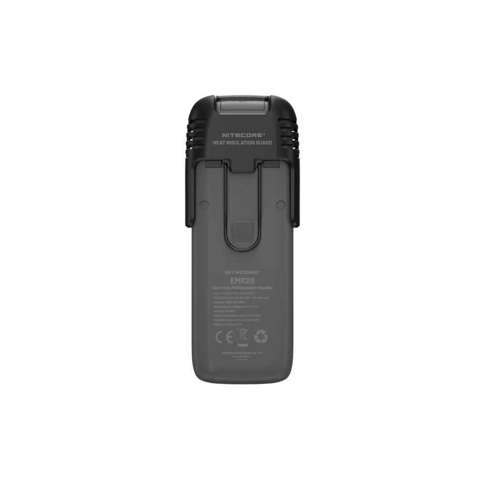 Nitecore EMR20 zozadu s nasadeným tepelným krytom a štítkom so špecifikáciou — kapacita, teplota ohrevu, zóna, IPX5