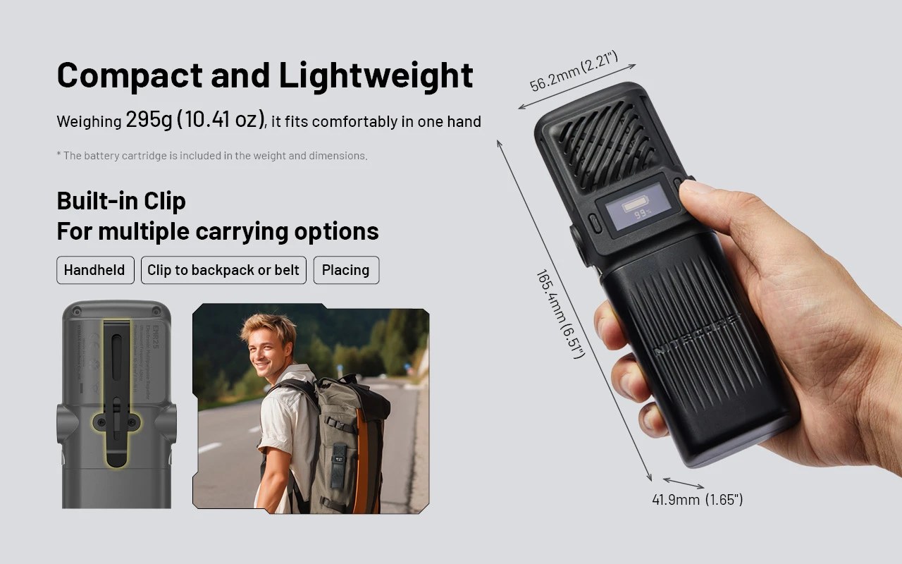 Nitecore EMR25 rozmery 165 × 56 × 42 mm a vstavaný klip — nosenie v ruke, na opasku alebo na batohu