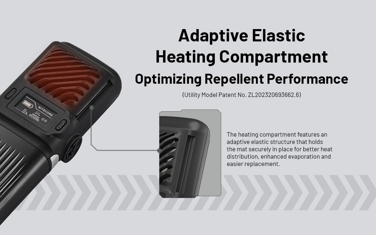 Nitecore EMR25 adaptívna elastická komora — pružná štruktúra pritláča repelentnú podložku k ohrevnej ploche