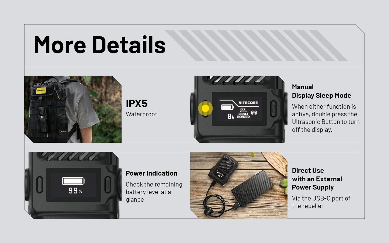 Nitecore EMR25 detaily — krytie IPX5, uspanie displeja, indikácia kapacity a napájanie z externého zdroja
