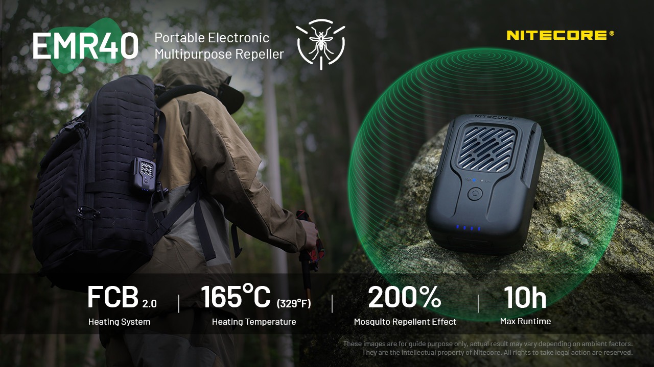 Nitecore EMR40 odpudzovač komárov na batohu turistu, ohrevný systém FCB 2.0 a výdrž až 10 hodín