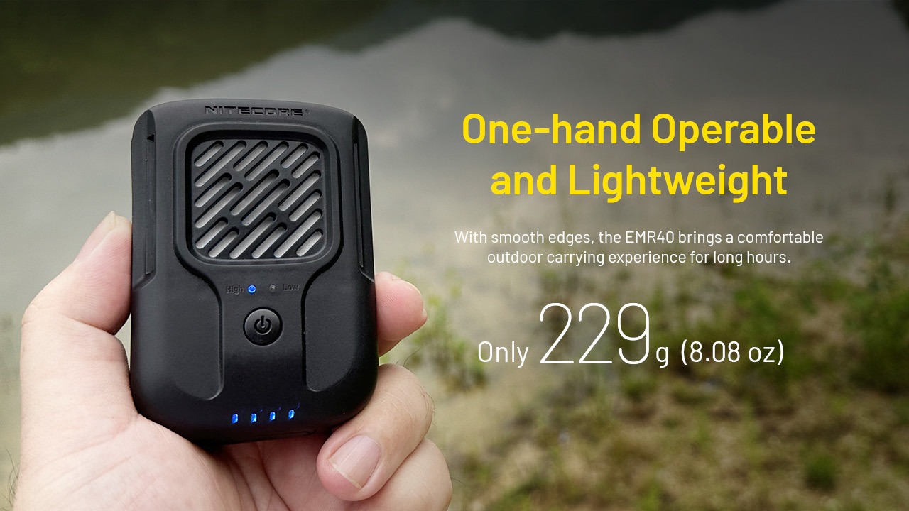 Nitecore EMR40 odpudzovač komárov v dlani, hmotnosť 229 gramov a ovládanie jedným tlačidlom