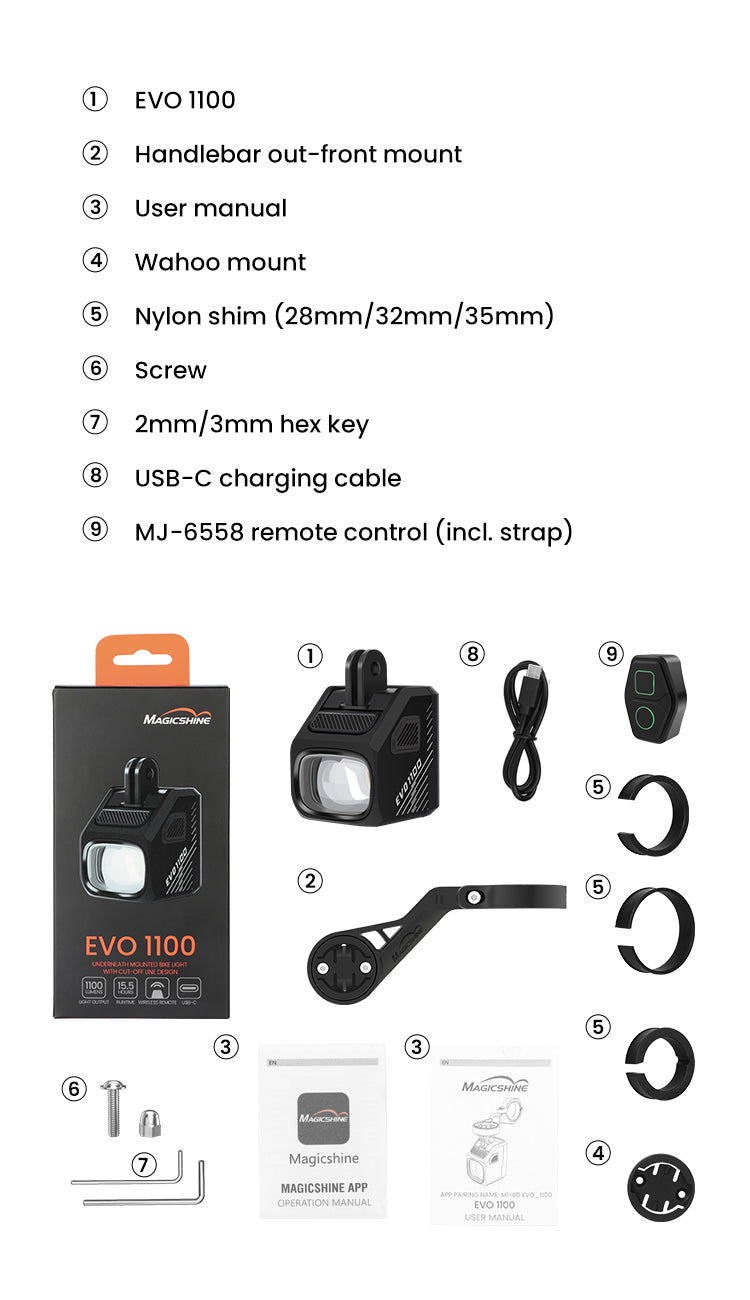 Obsah balenia Magicshine EVO 1100 — svetlo, predsadený držiak, ovládač, adaptér Wahoo, tri redukcie, skrutky, kľúče a kábel USB-C