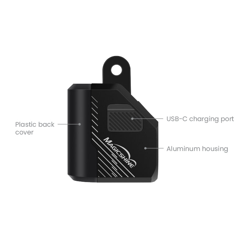 Bočný pohľad na Magicshine EVO 1100 s popiskami výrobcu — hliníkové telo, plastový zadný kryt a port USB-C