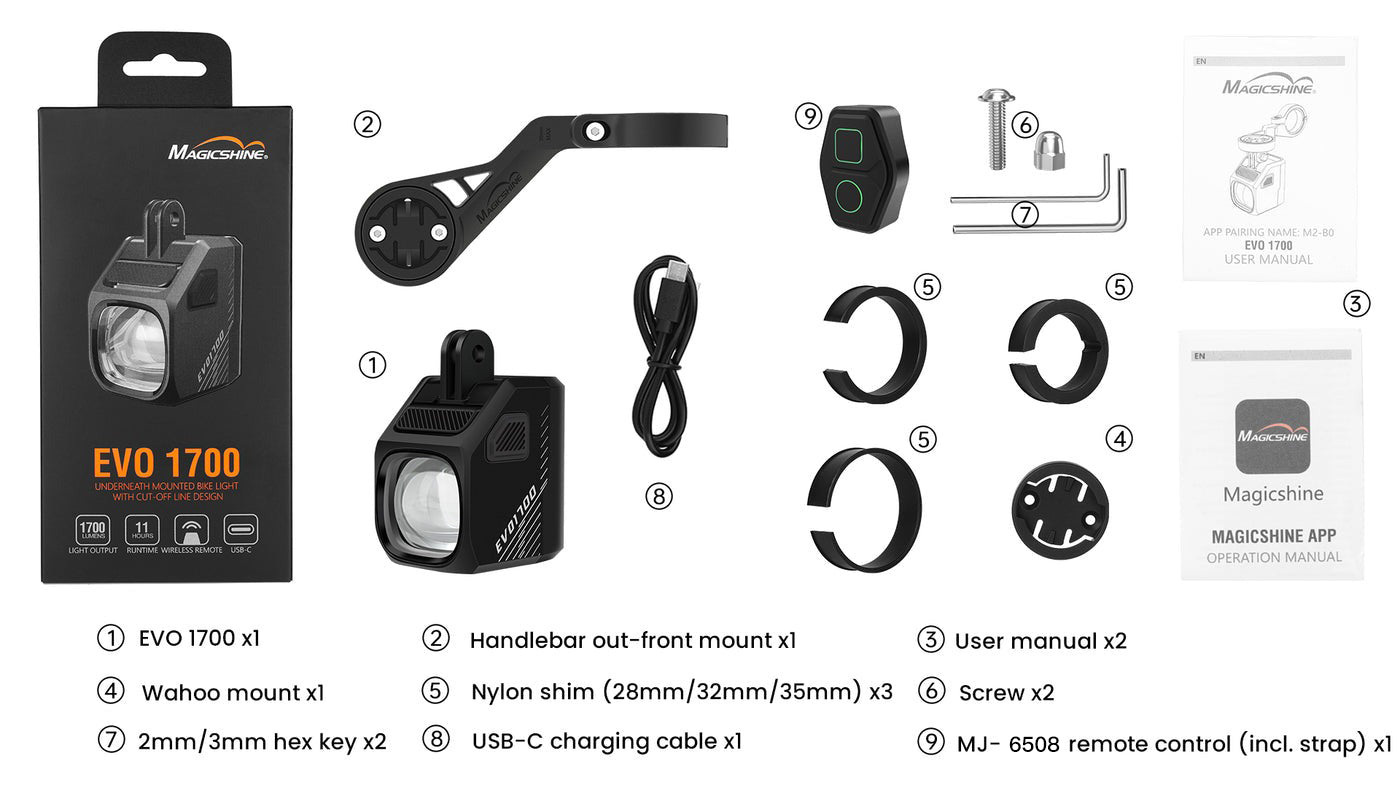 Obsah balenia Magicshine EVO 1700 — svetlo, predsadený držiak, ovládač MJ-6508, tri redukcie, skrutky, kábel USB-C a imbusové kľúče