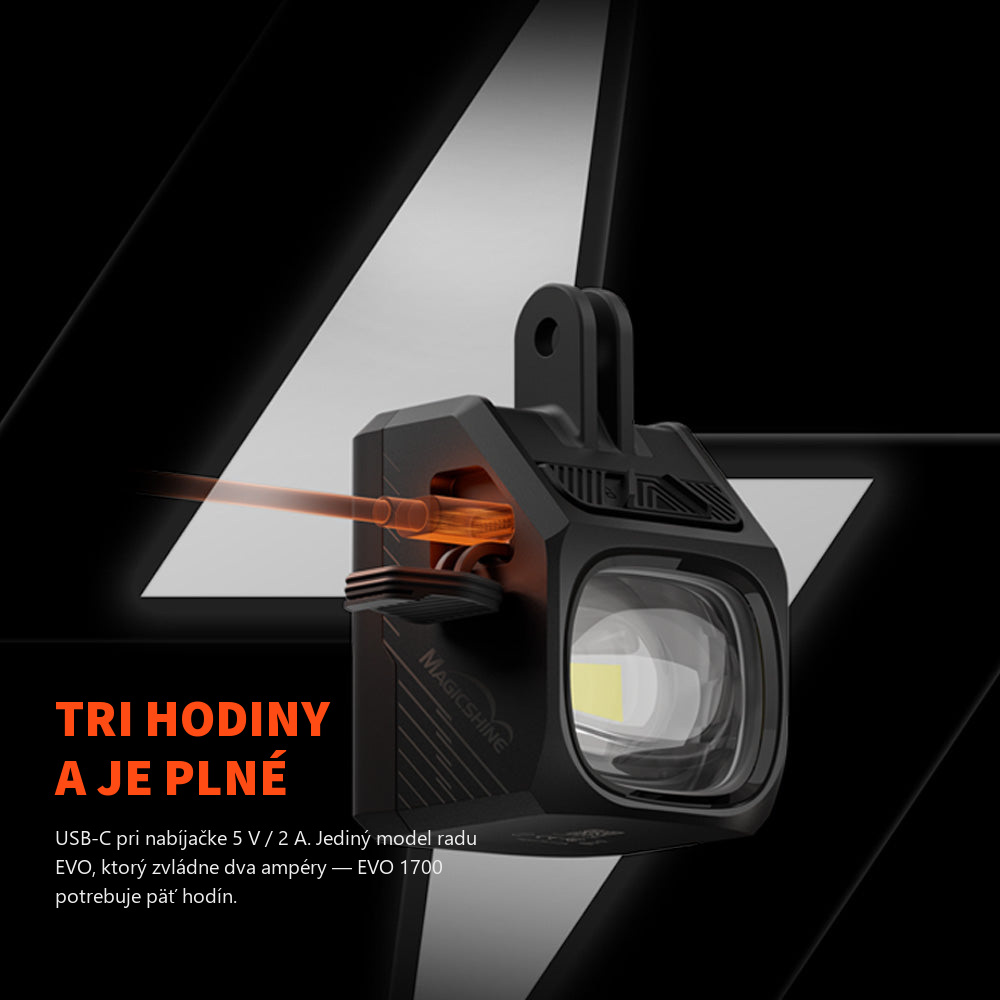 Magicshine EVO 1700 PRO s pripojeným nabíjacím káblom USB-C pod odklopenou gumovou krytkou