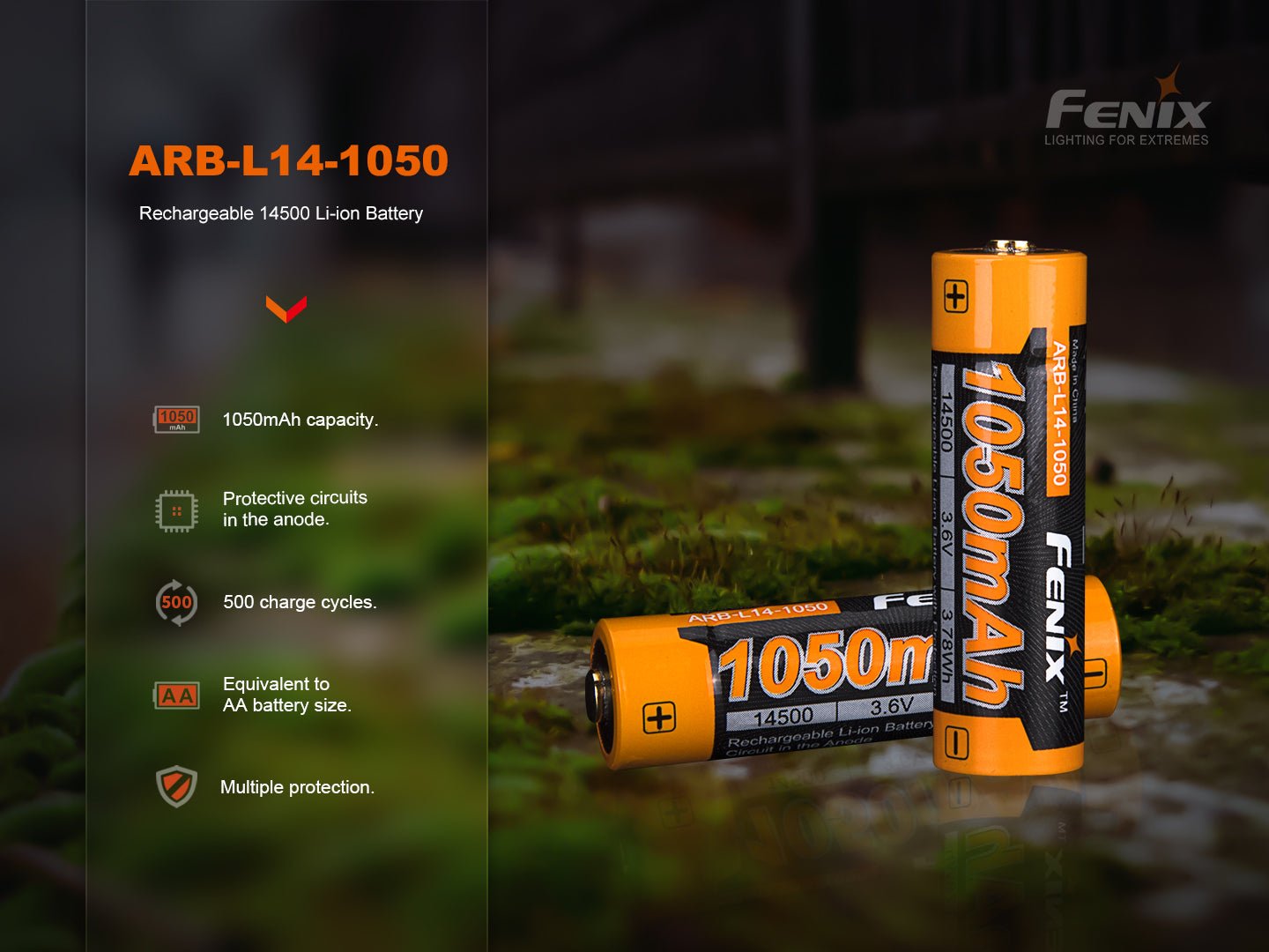 Fenix ARB-L14-1050 nabíjateľný akumulátor 14500 s kapacitou 1050 mAh, napätím 3,6 V a ochranou pri plusovom póle