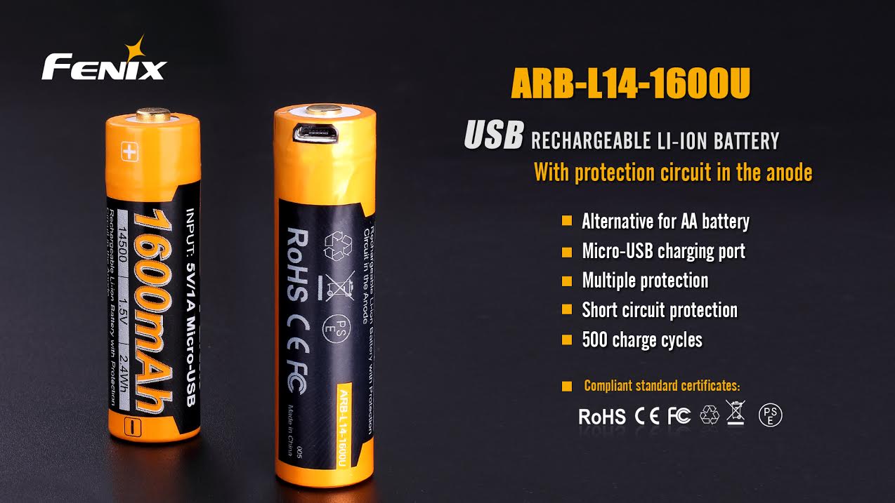 Fenix ARB-L14-1600U nabíjateľný Li-ion akumulátor AA 1,5 V s portom Micro-USB a ochranným obvodom v kladnom póle
