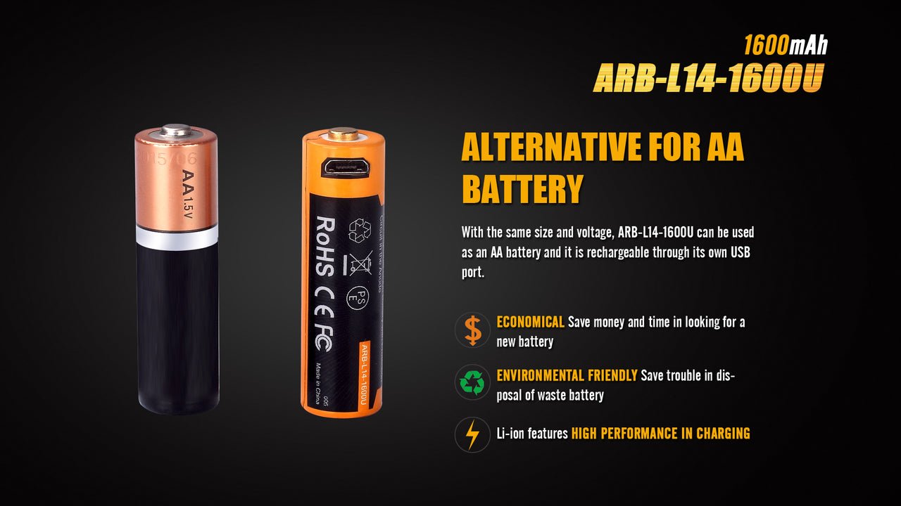 Fenix ARB-L14-1600U vedľa jednorazovej batérie AA 1,5 V – rovnaká veľkosť a napätie, nabíjanie cez vlastný USB port