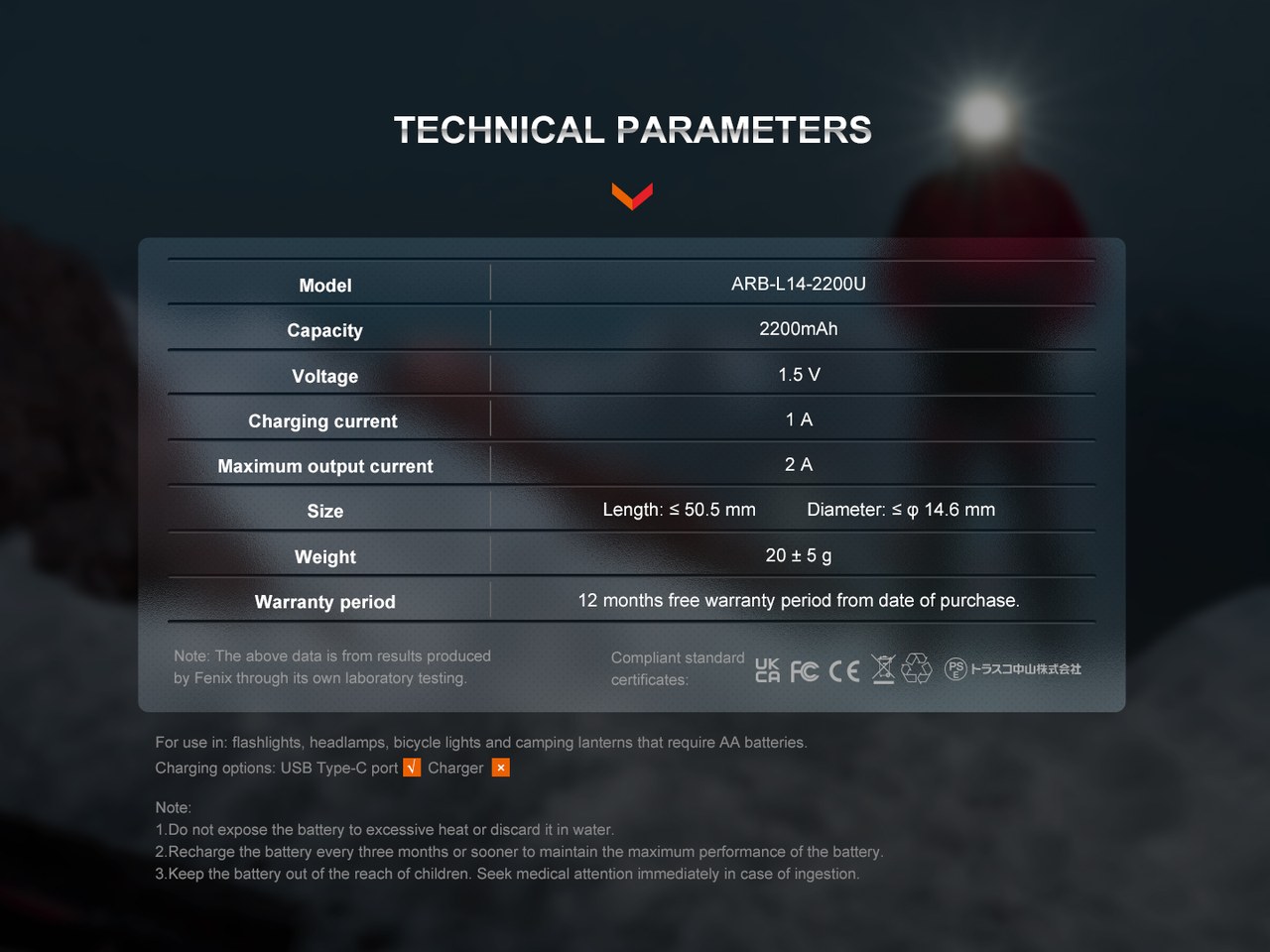 Fenix ARB-L14-2200U — technické parametre od výrobcu: kapacita 2200 mAh, napätie 1,5 V, hmotnosť 20 g