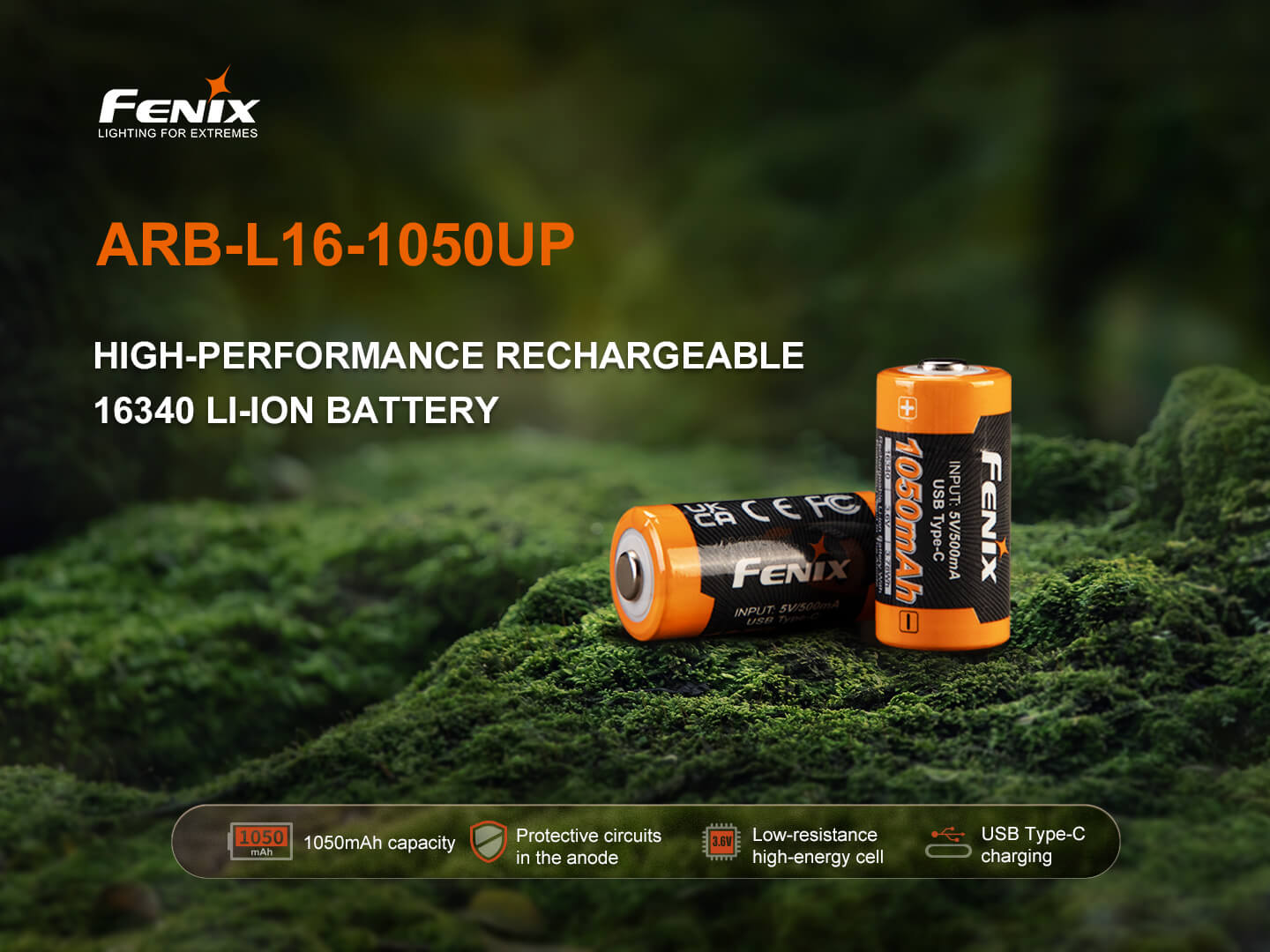 Fenix ARB-L16-1050UP nabíjateľný akumulátor 16340 s kapacitou 1050 mAh, ochranou článku a portom USB-C na machu