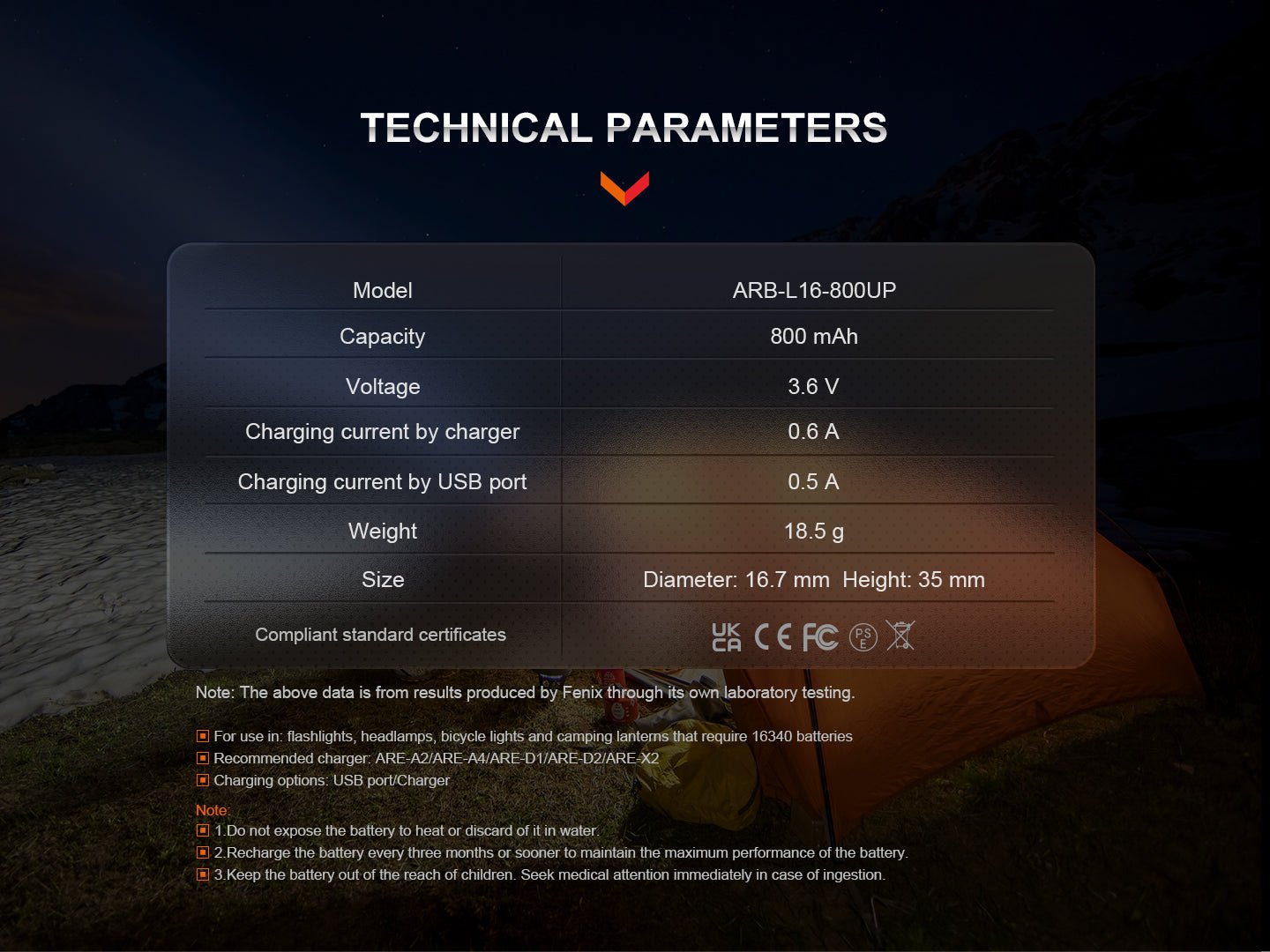 Fenix ARB-L16-800UP tabuľka parametrov: 800 mAh, 3,6 V, nabíjací prúd 0,6 A a 0,5 A, 18,5 g, 16,7 × 35 mm