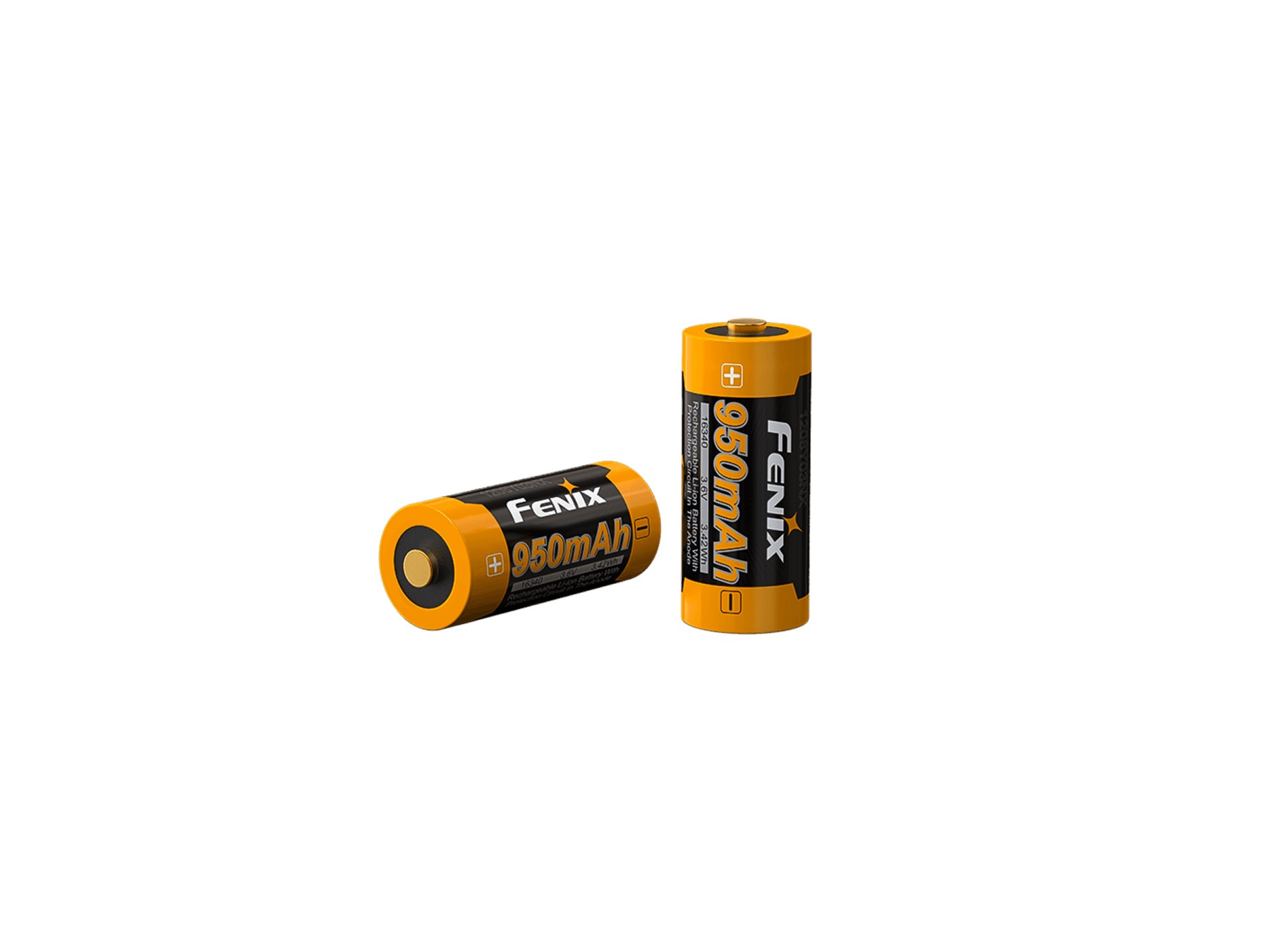 Fenix ARB-L16-950P dva články 16340 s potlačou 950 mAh, 3,6 V a 3,42 Wh, jeden ležiaci a jeden stojaci