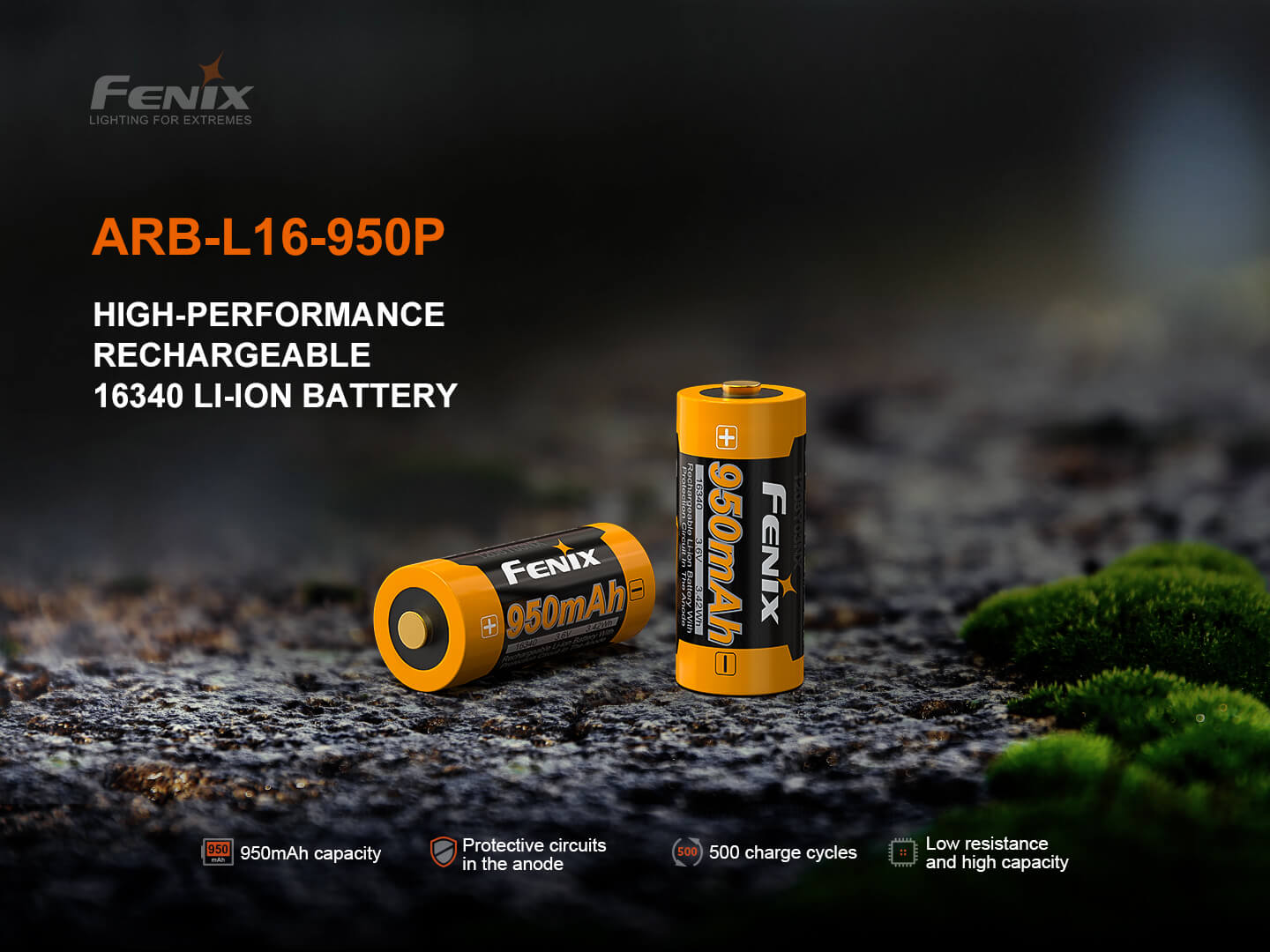 Fenix ARB-L16-950P nabíjateľný Li-ion akumulátor 16340 s kapacitou 950 mAh a ochranou pri plusovom póle na kameni