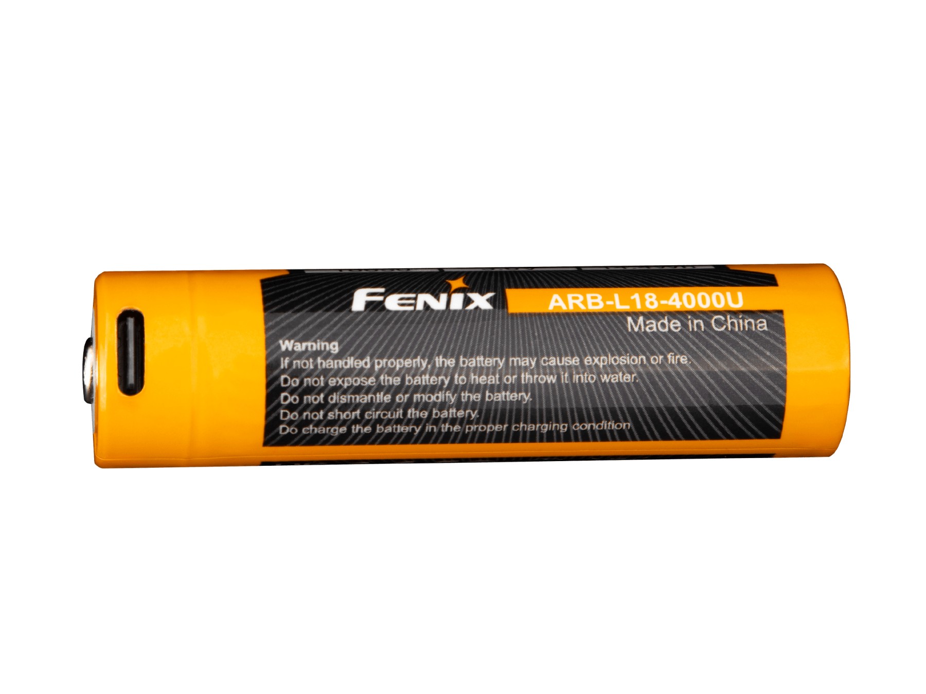 Fenix ARB-L18-4000U akumulátor 18650 s portom USB-C pri plusovom póle a potlačou výstrah na etikete