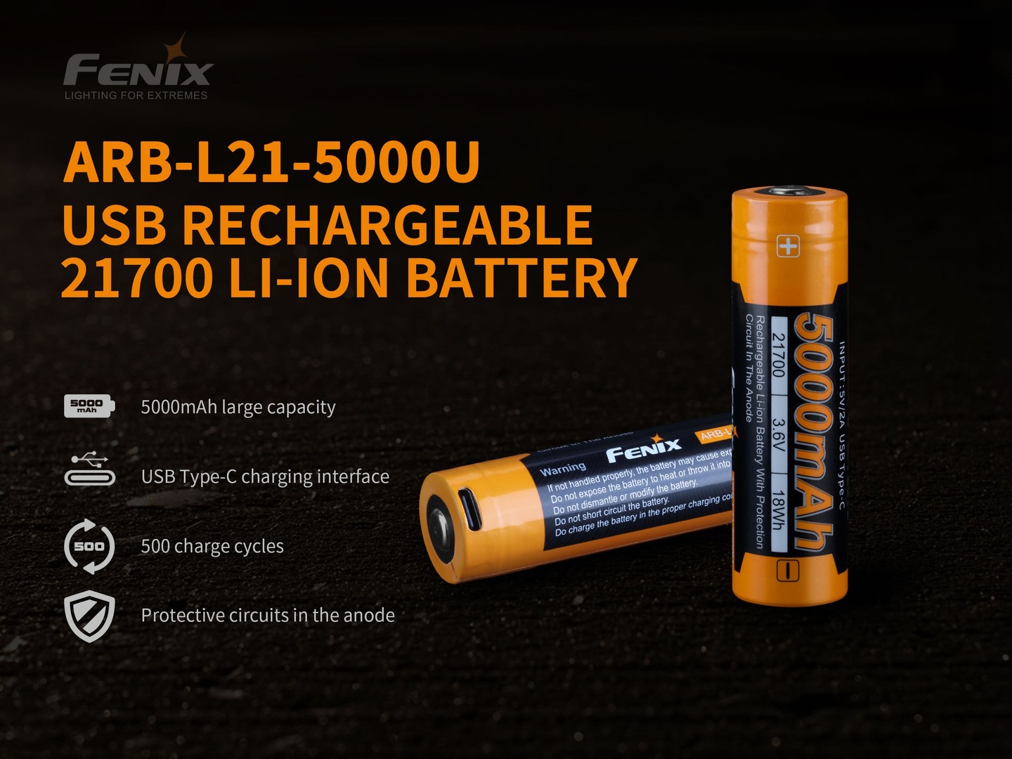Fenix ARB-L21-5000U nabíjateľný Li-ion akumulátor 21700 s portom USB-C, kapacitou 5000 mAh a ochranou článku