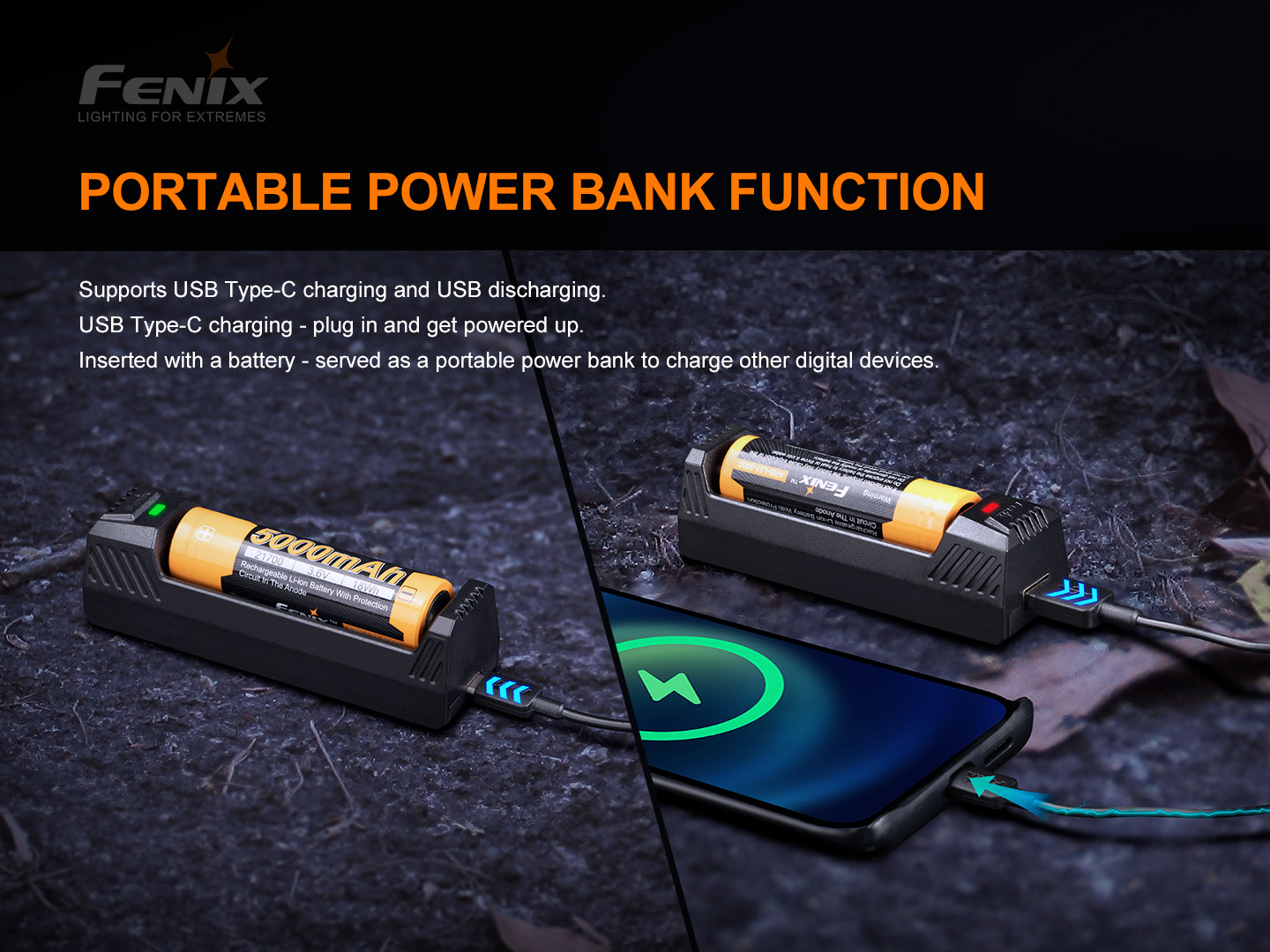 Fenix ARE-X1 V2.0 s článkom 21700 nabíja smartfón cez výstup USB a článok nabíja cez vstup USB-C