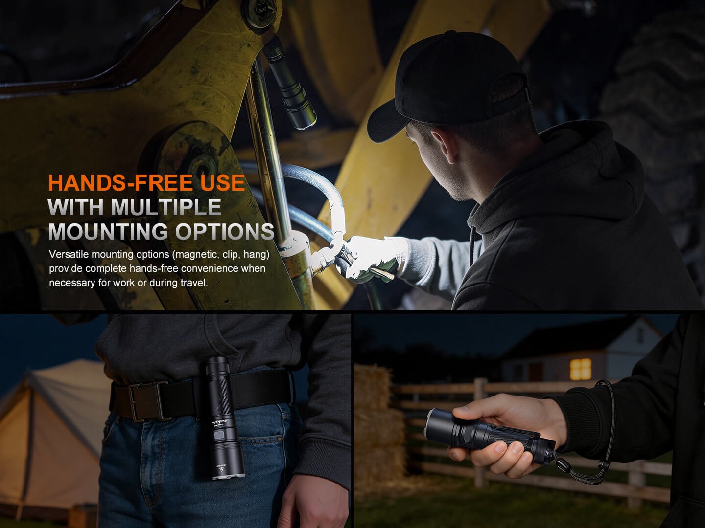 Fenix C7 PRO na magnetickom chvoste pri oprave stroja, so sponou za opaskom a na šnúrke na zápästí