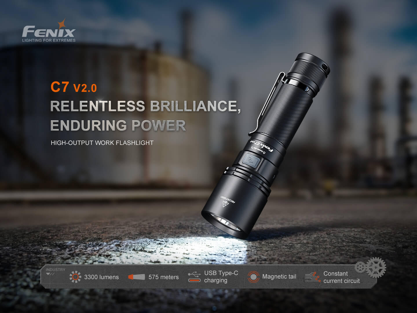 Fenix C7 V2.0 pracovná baterka 3300 lúmenov s dosvitom 575 metrov, nabíjanie USB-C a magnetický chvost