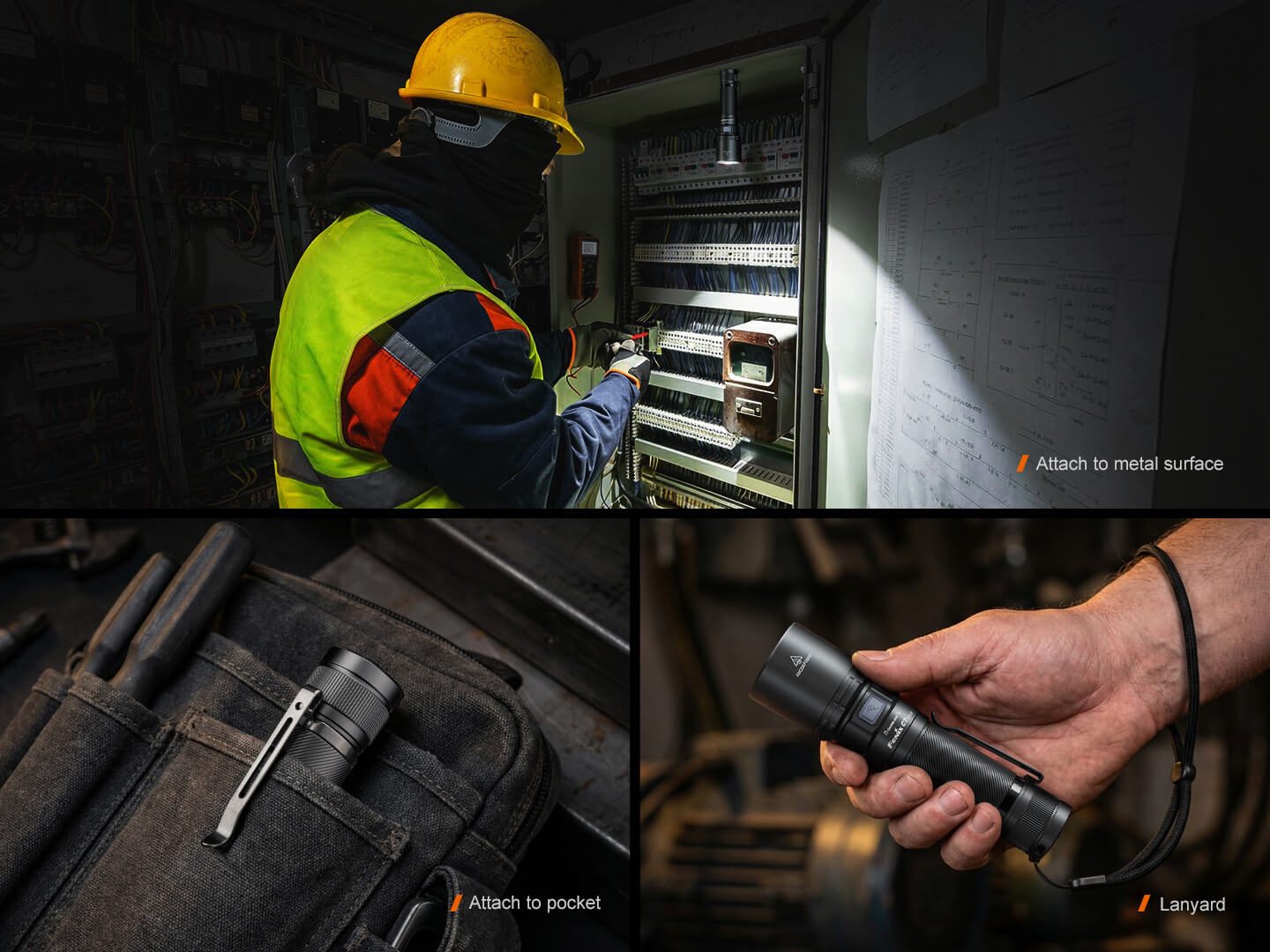Fenix C7 V2.0 prichytená magnetom v rozvádzači, so sponou vo vrecku tašky a na šnúrke na zápästí