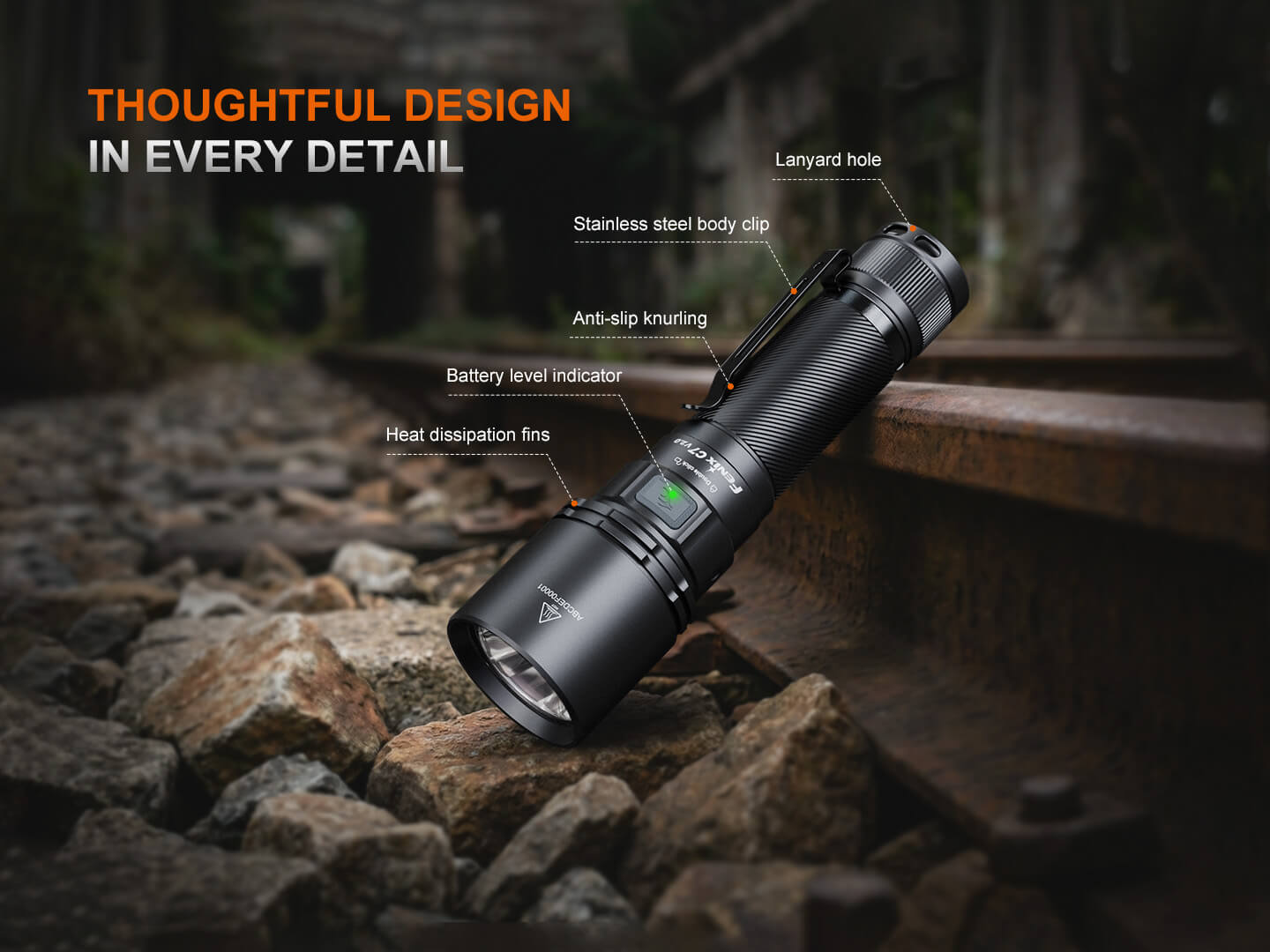 Fenix C7 V2.0 detaily: očko na šnúrku, nerezová spona, protišmykové vrúbkovanie, indikátor a chladiace rebrá