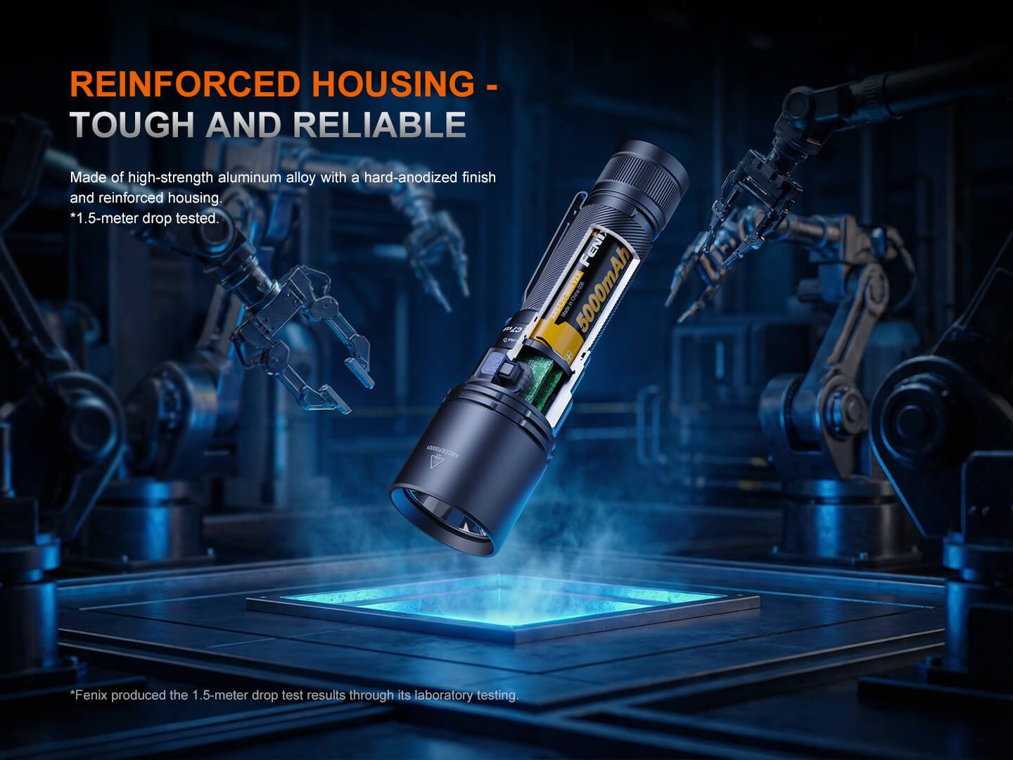 Fenix C7 V2.0 zosilnené hliníkové telo s tvrdou anodizáciou, v laboratórnom teste Fenix znesie pád z 1,5 metra