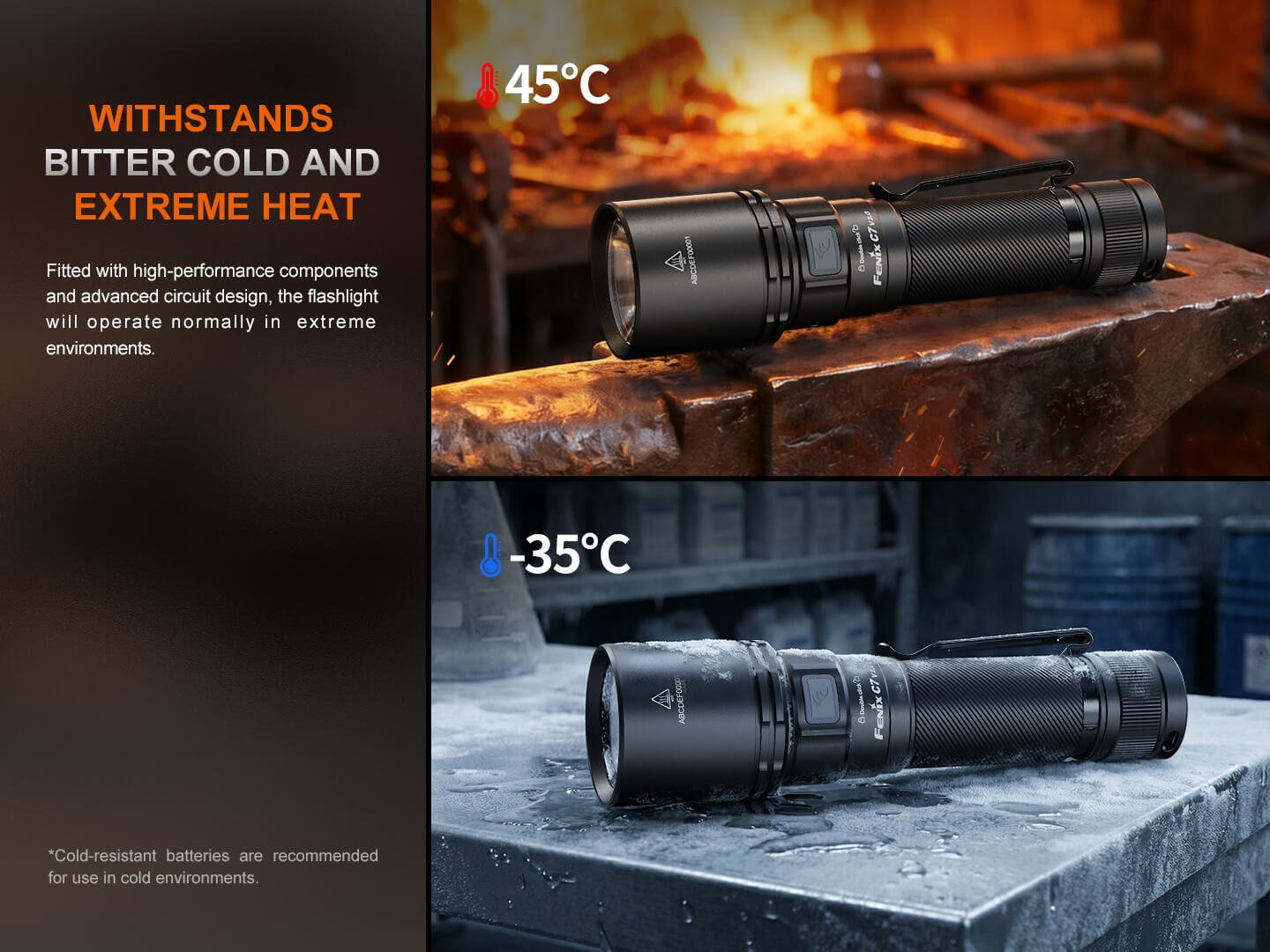 Fenix C7 V2.0 svieti v rozsahu od −35 °C do 45 °C, na nákove v kovárni aj na zamrznutom stole