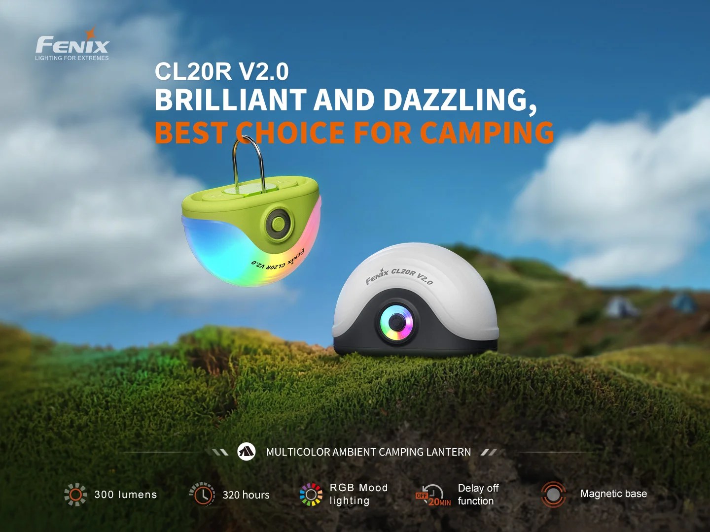 Fenix CL20R V2.0 kempingová lampa 300 lúmenov s farebným svetlom RGB v zelenej a čiernej farbe na trávnatom kopci