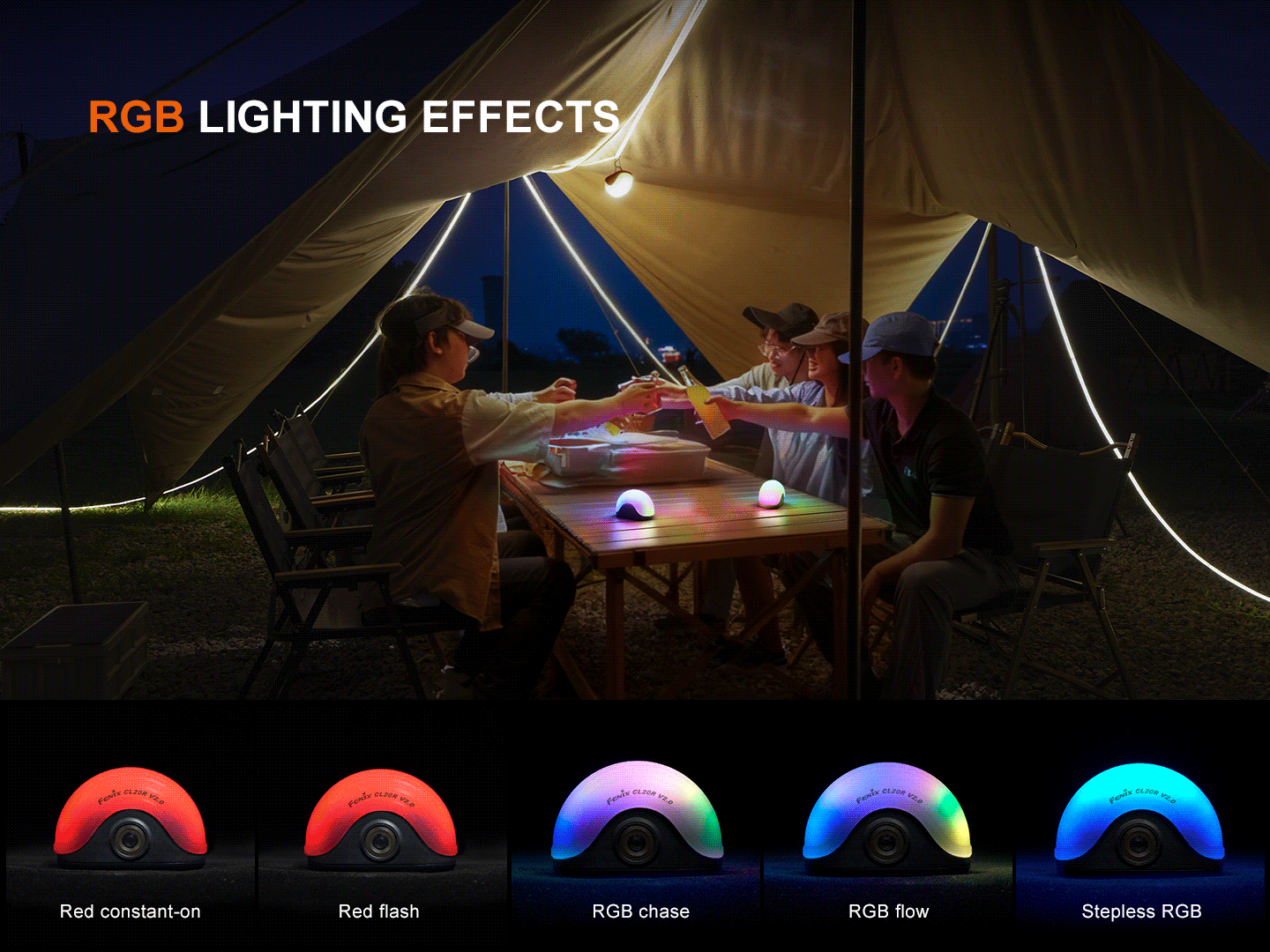 Fenix CL20R V2.0 farebné efekty RGB, červené svetlo a plynulá zmena farby na stole pri večernom posedení pod plachtou