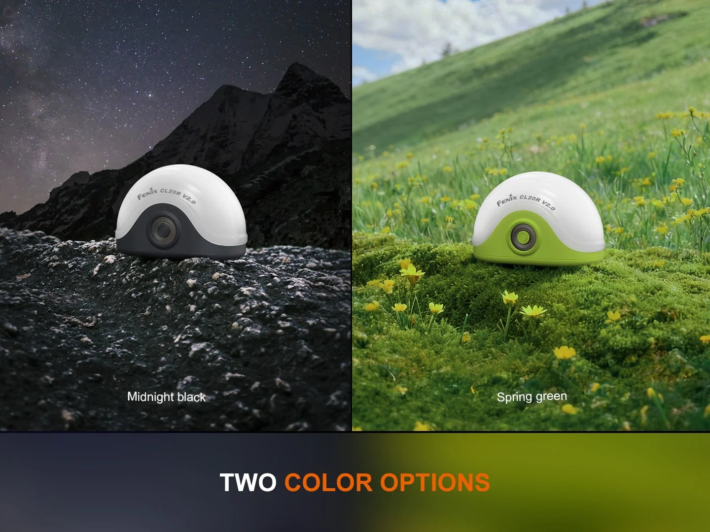 Fenix CL20R V2.0 v čiernej farbe na skale pod hviezdami a v zelenej farbe na trávnatej lúke