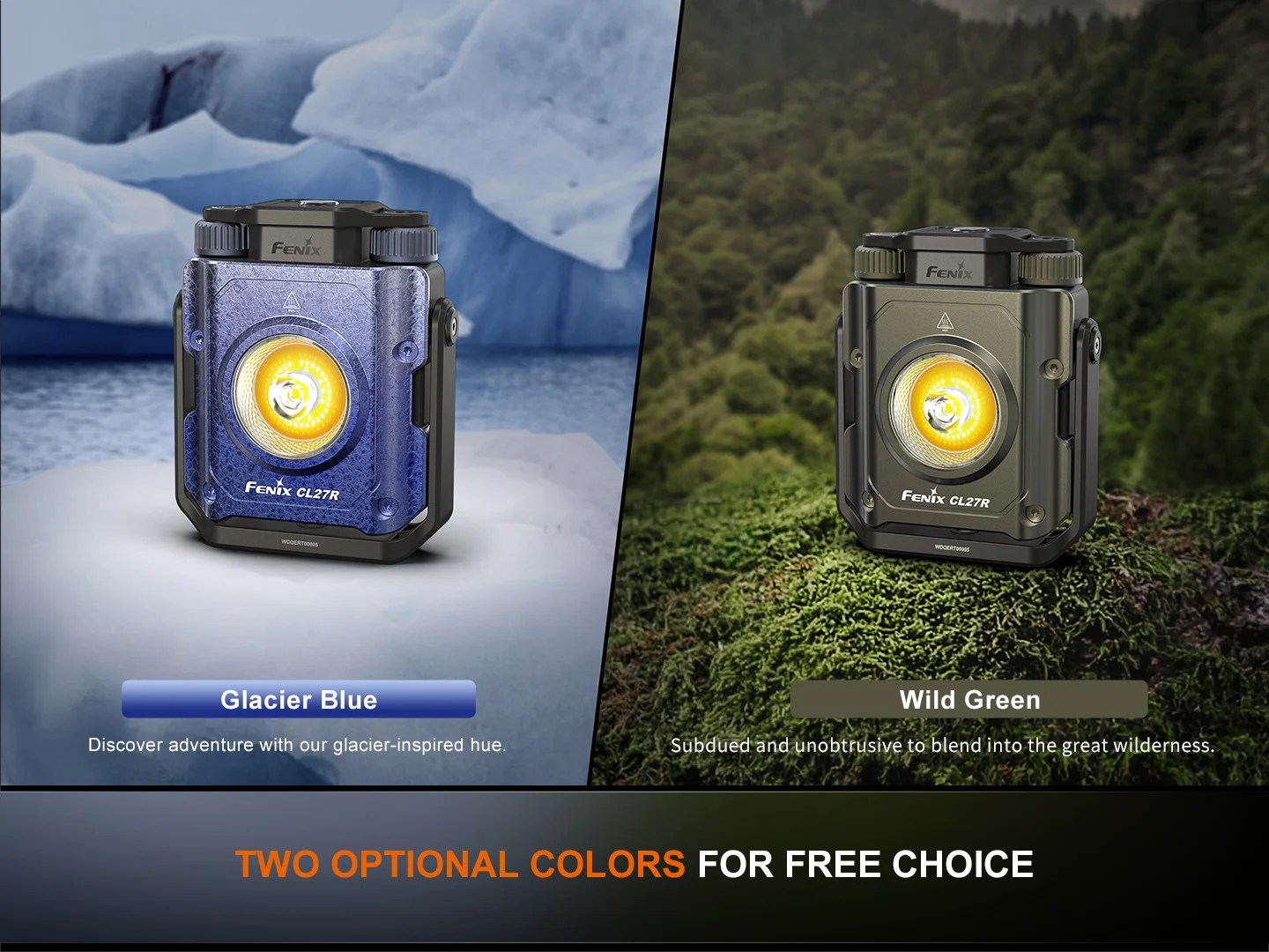 Fenix CL27R vo farbe Glacier Blue na ľadovci a vo farbe Wild Green na machu v lese