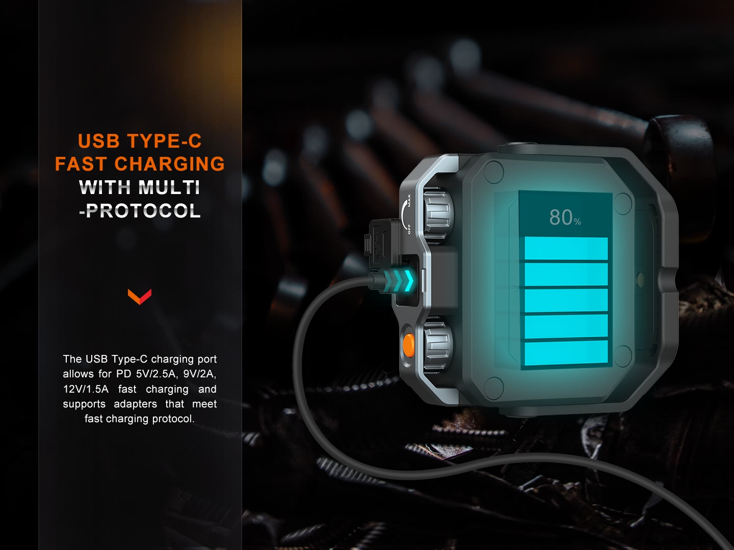 Fenix CL28R s káblom USB-C a ukazovateľom nabitia 80 % podporuje rýchle nabíjanie PD a QC