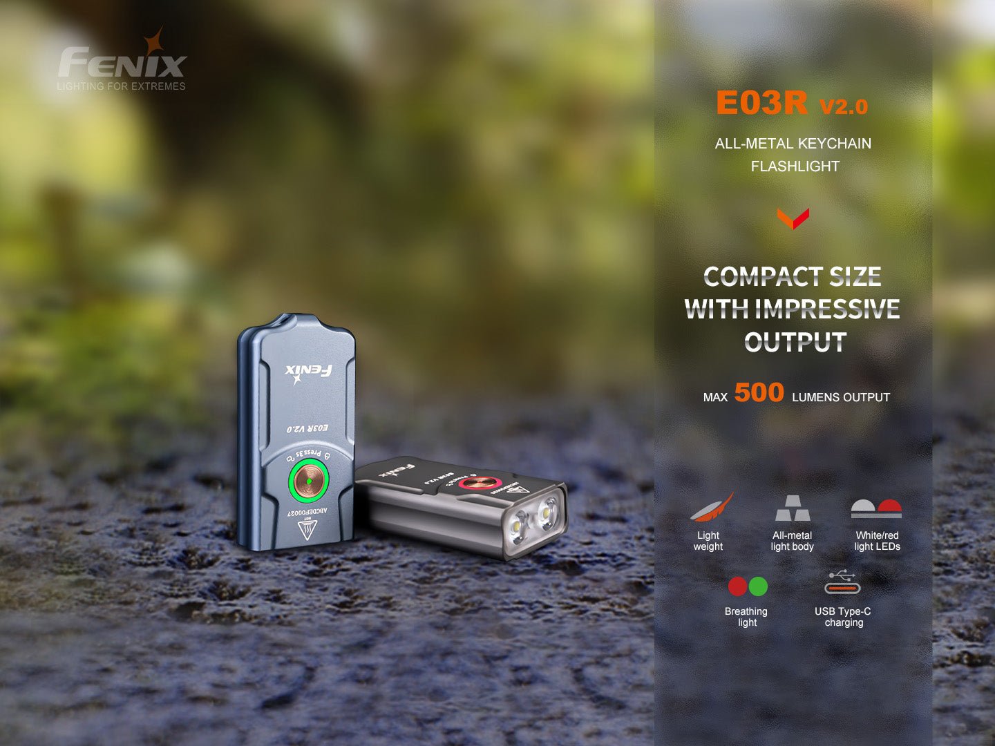 Fenix E03R V2.0 celokovová baterka na kľúče s výkonom 500 lúmenov, bielym a červeným svetlom a nabíjaním USB-C