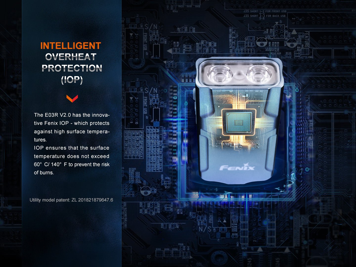 Fenix E03R V2.0 s inteligentnou ochranou pred prehriatím IOP, pohľad zhora na dve LED nad doskou s čipom