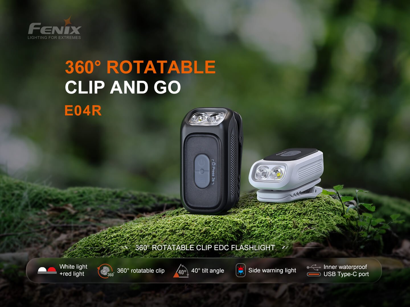 Fenix E04R EDC baterka s otočnou sponou 360° v čiernej a bielej farbe, biele a červené svetlo a bočné výstražné svetlo